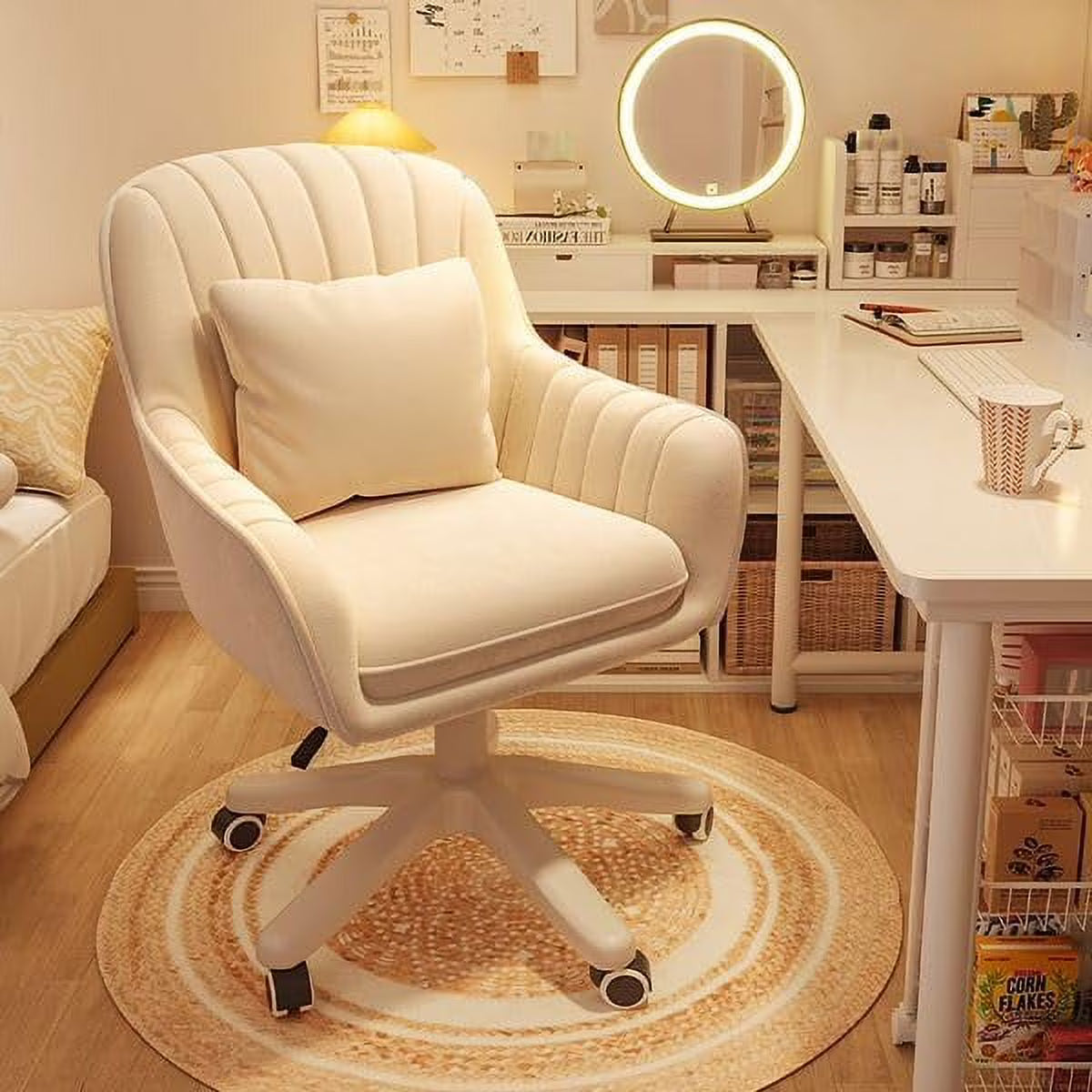 Home Office Chair Computer Chair with Mid-Back Upholstered Modern Tufted Computer Task Chair Swivel Height Adjustable Velvet Accent Chair.��White��(White)