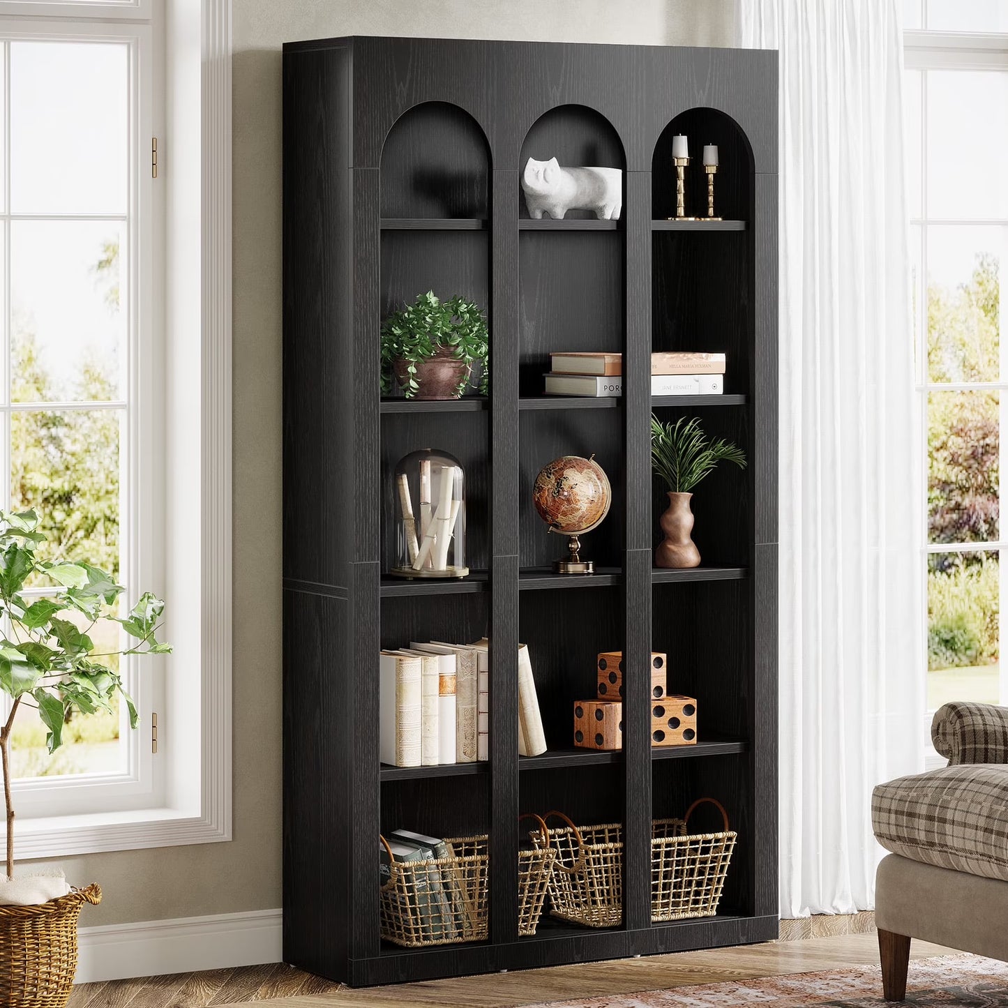 Tribesigns 5-Tier Farmhouse Tall Bookshelf, 70.87-Inch Rustic Wood Bookcase with Open Shelves, Large Mid Century Modern Book Shelf Vintage Display Storage Shelving Unit for Home Office(Black)