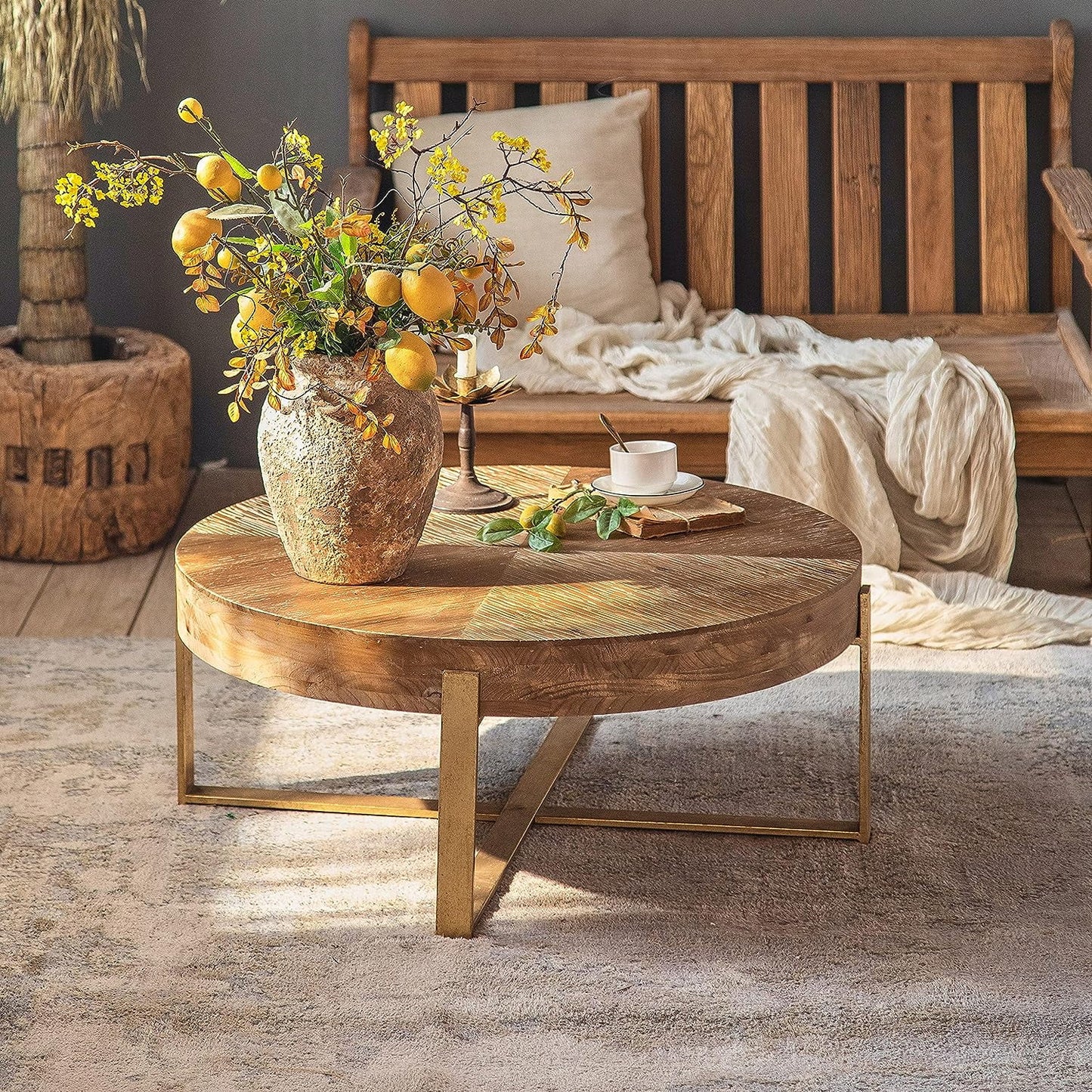 Coffee Table,Gexpusm 32" Round Wood Center Table for Living Room, Mid Century Modern Farmhouse Round Coffee Table with Gold Metal Legs, Brown(Round Coffee Table)