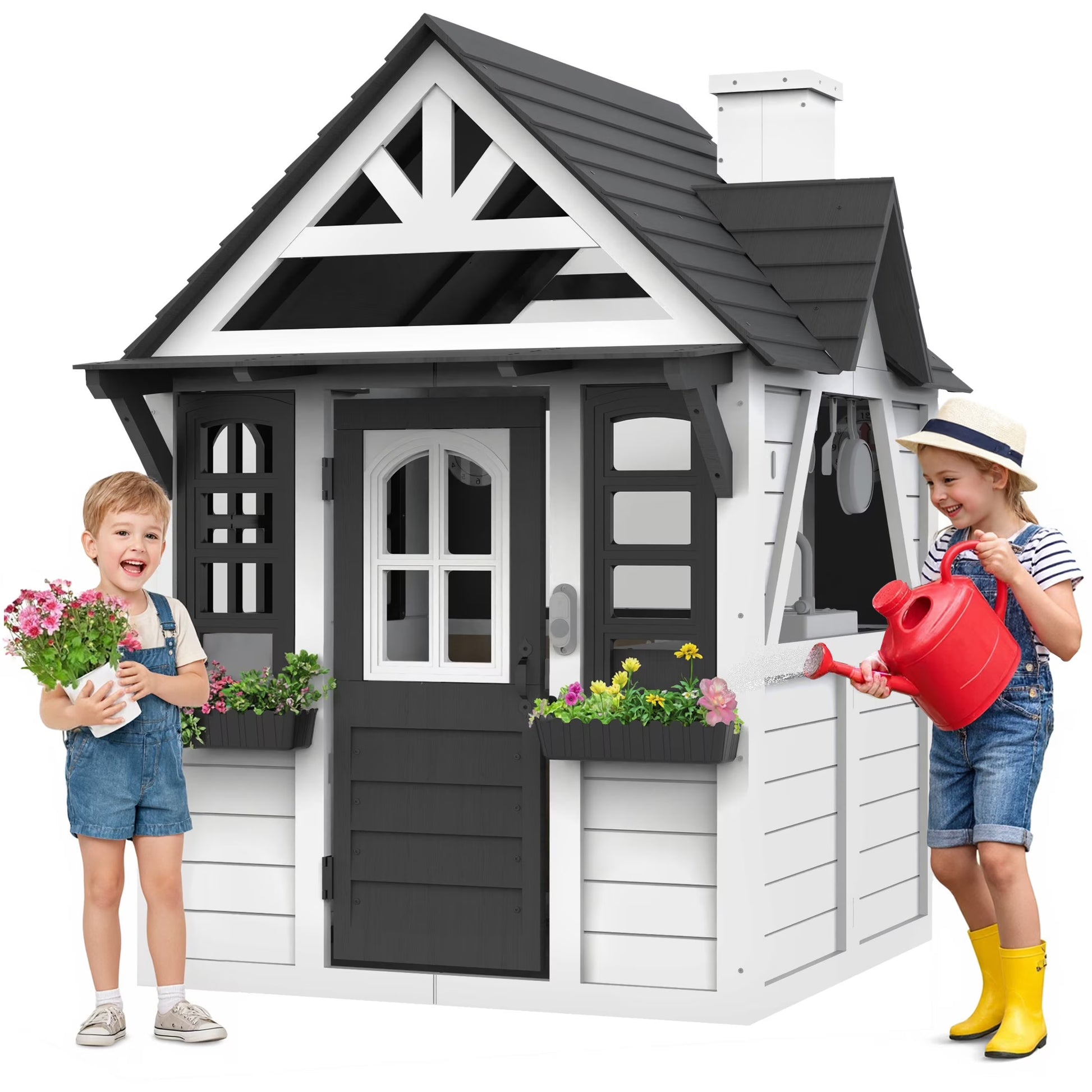COCLUB Outdoor Playhouse for Kids Ages 4-8, Wooden Play House with Doorbell, Phone, Kitchen Toys, Outdoor Kids Play Equipment, Casa Para Niñas (45”L x 65”H), White  Black(Black+White)