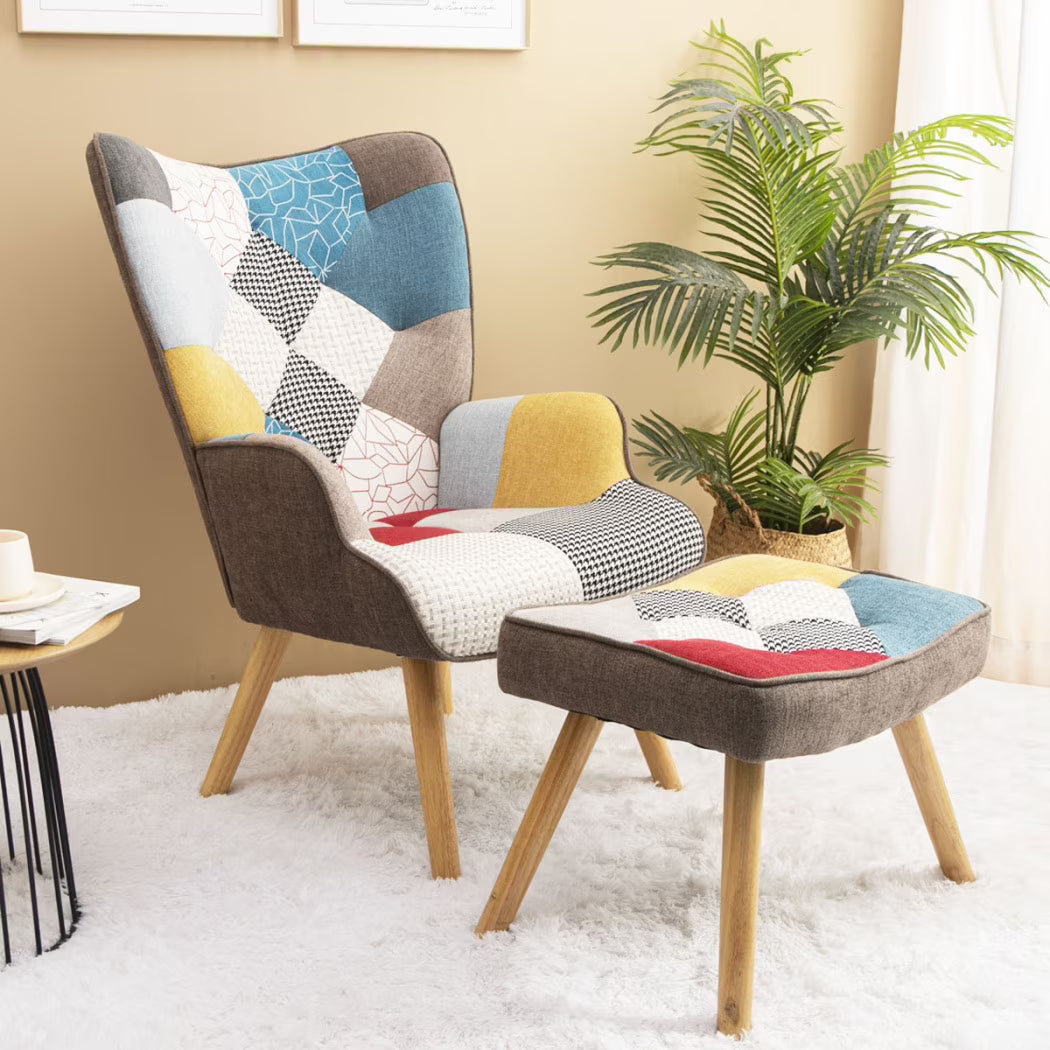 Modern Accent Chair with Solid Wood Legs and High Wing Backrest, Side Chair Set with Ottoman, Comfy Side Armchair for Living Room, Reading Room, Bedroom, Colorful Patchwork(Colorful)