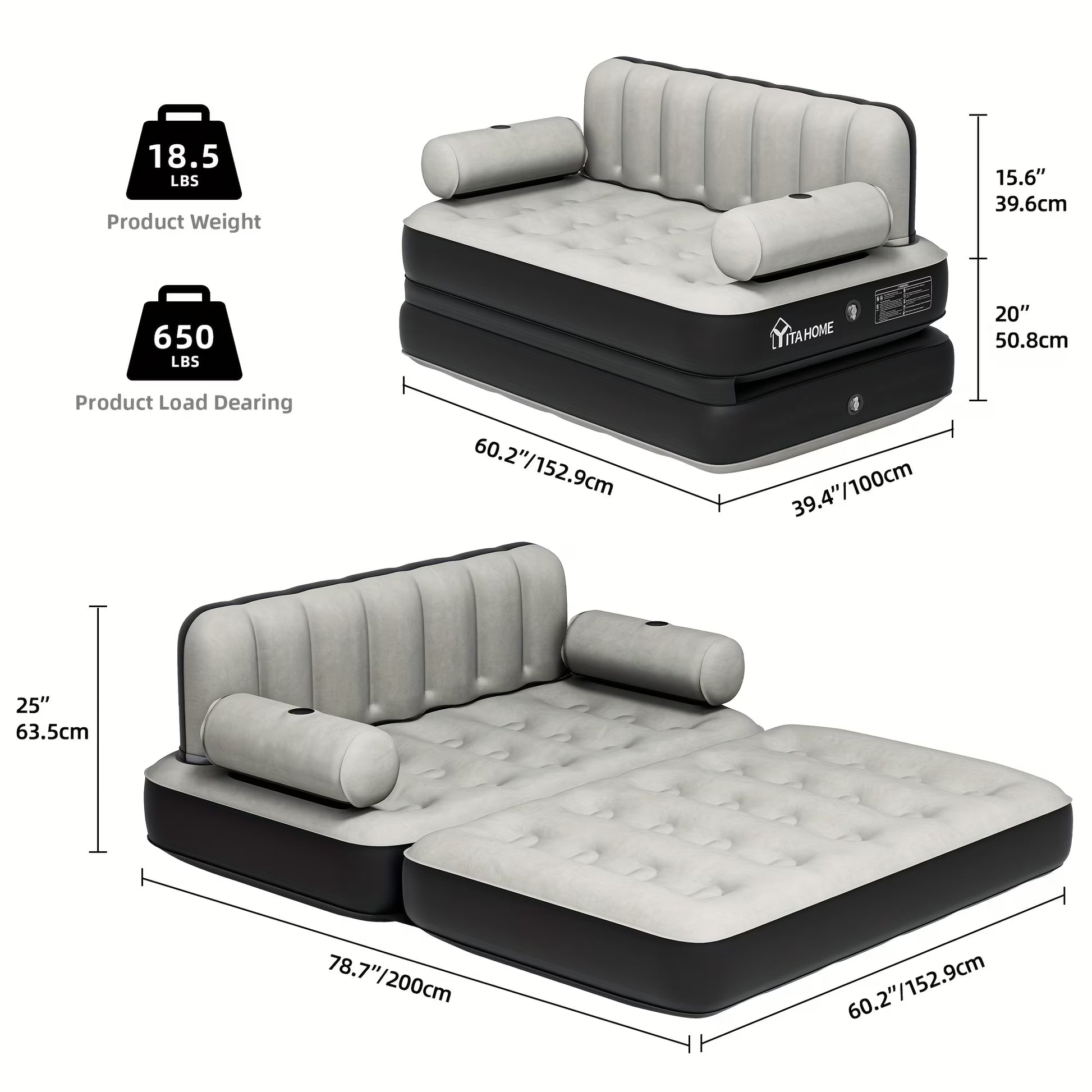 Inflatable Air Sofa Bed 2-in-1 Backrest Couch Airbed With Headboard And Pump Convertible Blow Up Bed Mattress For Home, Camping, And Guests, Living Room Furniture, Queen Size(Black+gray)