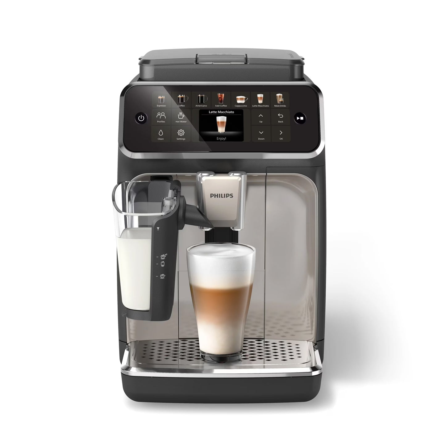 PHILIPS Series 4400 Fully Automatic LatteGo Espresso Machine, SilentBrew Technology, Quick Start. Aromatic Coffee from Freshly Ground Beans, 12 Hot and Iced Drinks, Black Chrome (EP4447/90)