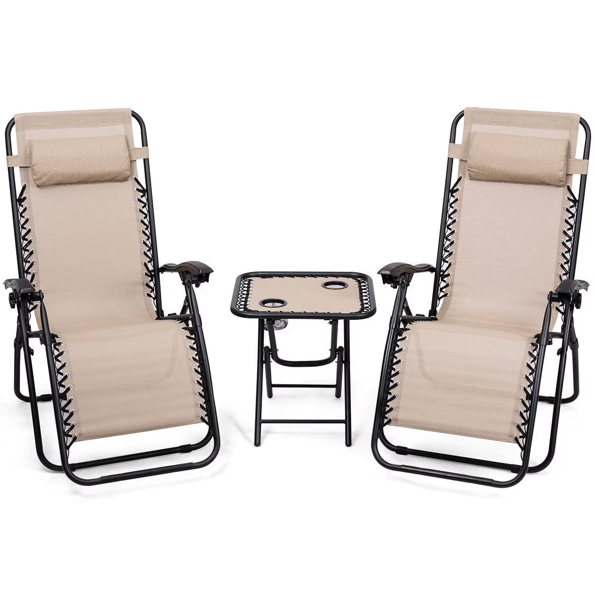 Gymax 3PC Zero Gravity Reclining Lounge Chairs Pillows Table Portable Folding Beige(Beige)
