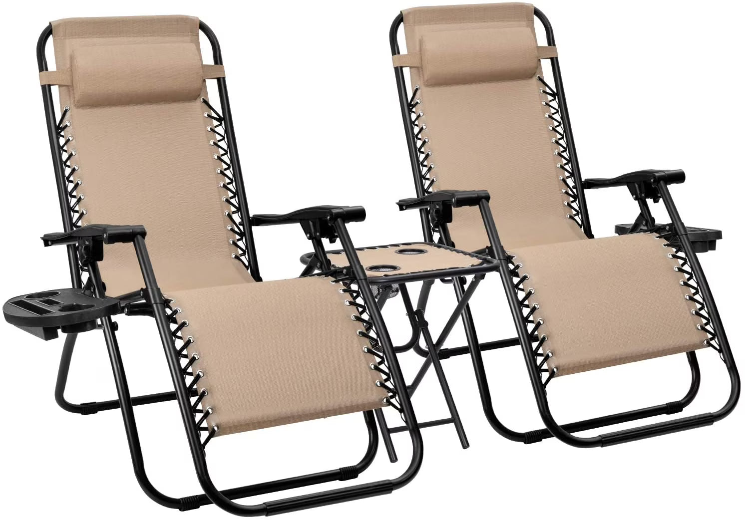 Vineego 3 Pieces Zero Gravity Chair Patio Foldable Chaise Lounge Chairs 2 Beach Chairs and Table with Cup Holders,Beige(Beige)