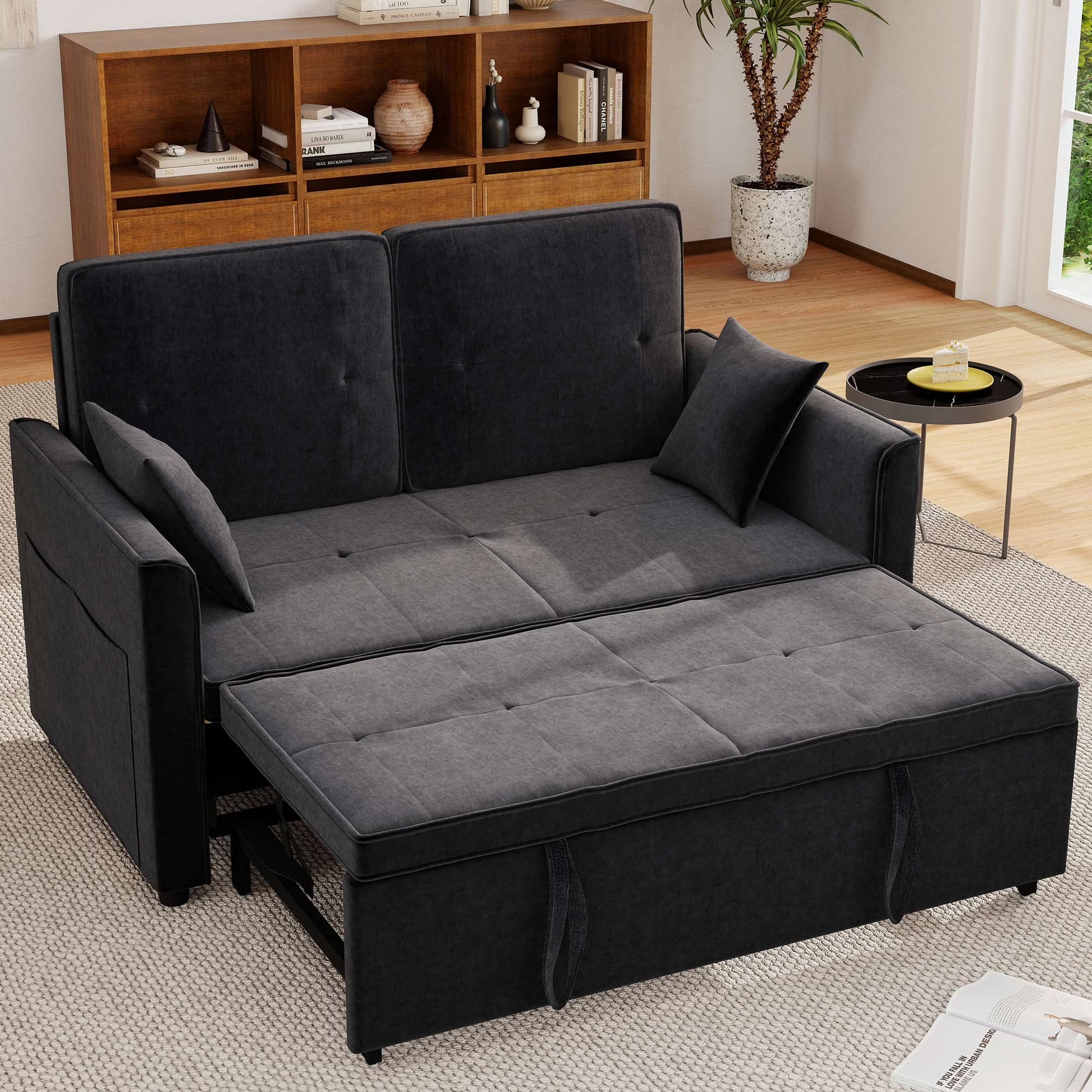 Convertible Sofa Bed,3-in-1 Sleeper Sofa with Pull Out Bed,Sleeper Futon Couch Loveseat with Adjsutable Backrest and Pillows for Living Room,Gray(Black02)