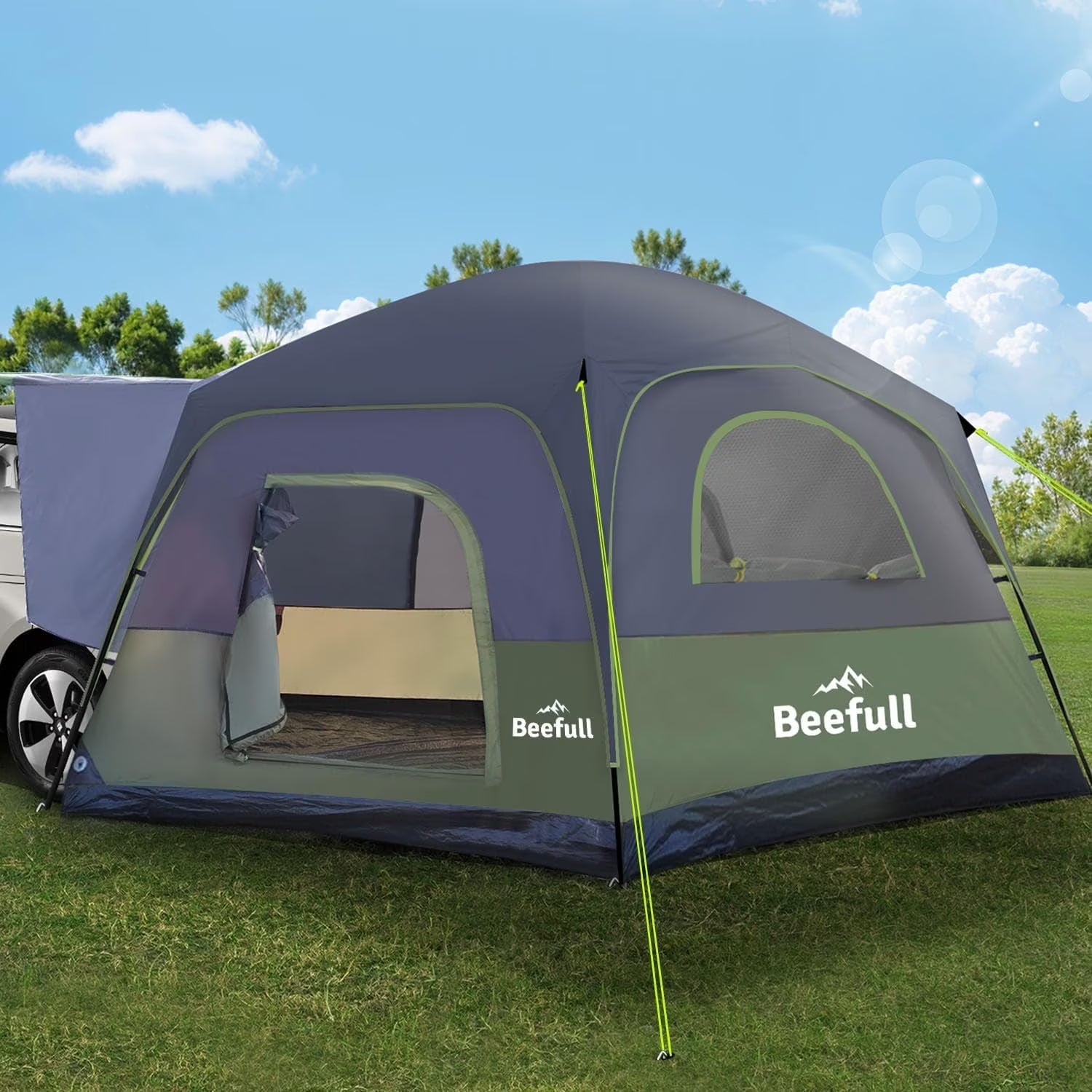 SUV Camping Tent for 6-8 Person with Rainfly,  Car Camping Tent with Waterproof, Double Layer Design with Storage Bag, Green  Gray