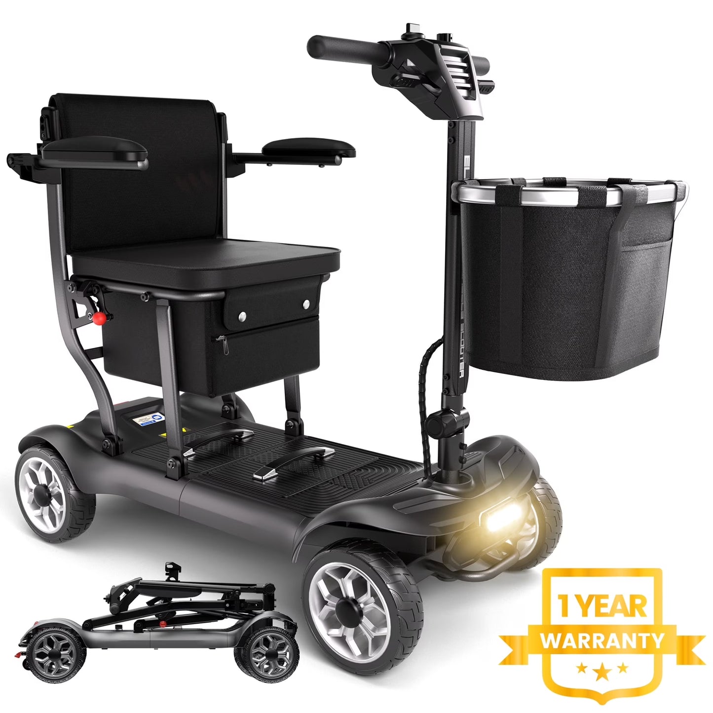 EAGLOG Light Weight 4 Wheels Mobility Scooter for Seniors, Electric Folding Wheelchair Device for Travel, Black(Black with 1 Battery)