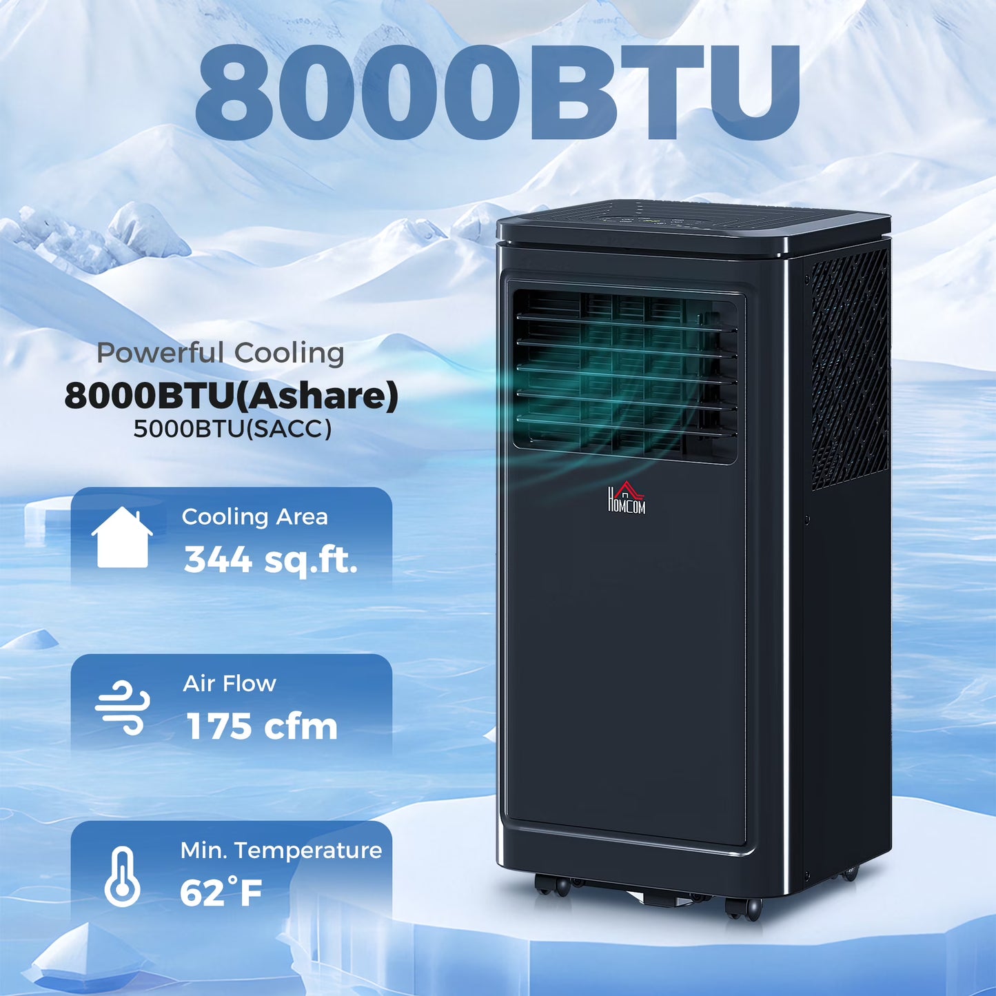 HOMCOM 8,000 BTU Portable Air Conditioner Fan with Remote for Rooms Up to 344 Sq. Ft., Evaporative Cooler, Home AC Unit with Dehumidifier, Black(Black)