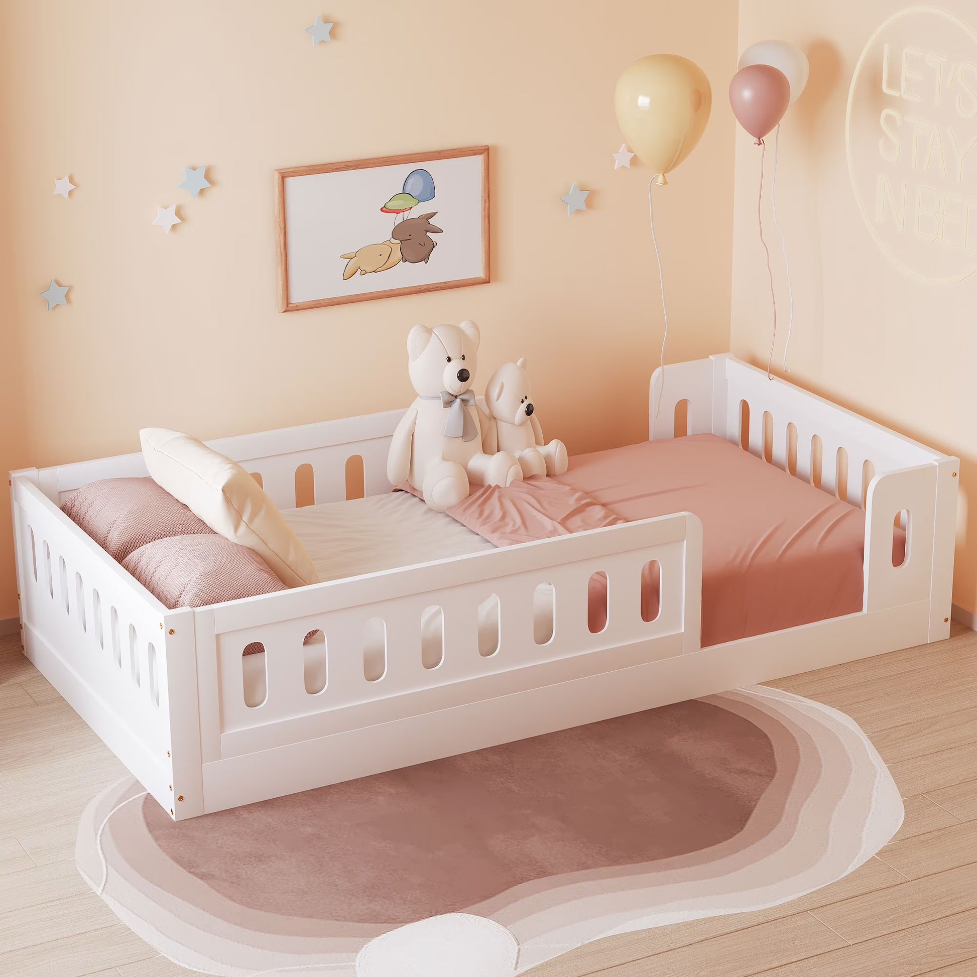 Euroco Wood Twin Size Platform Bed with Guardrail for Toddler and Kids(White)
