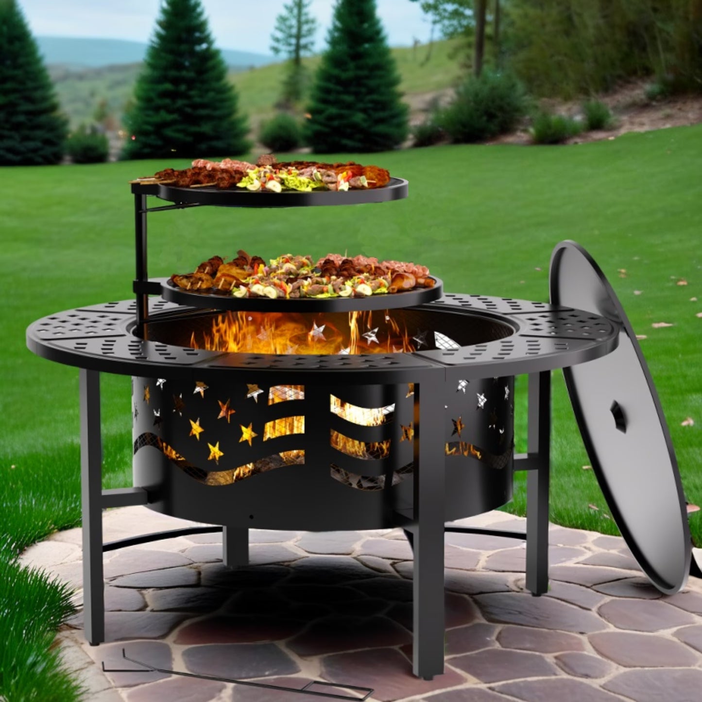 TrumanPick Fire Pit for Outside 42" Wood Burning Fire Pit Tables with 2 Adjustable Swivel BBQ Grills, Lid, Poker for Patio Backyard BBQ Ice Storage(42" x 42" x 28")