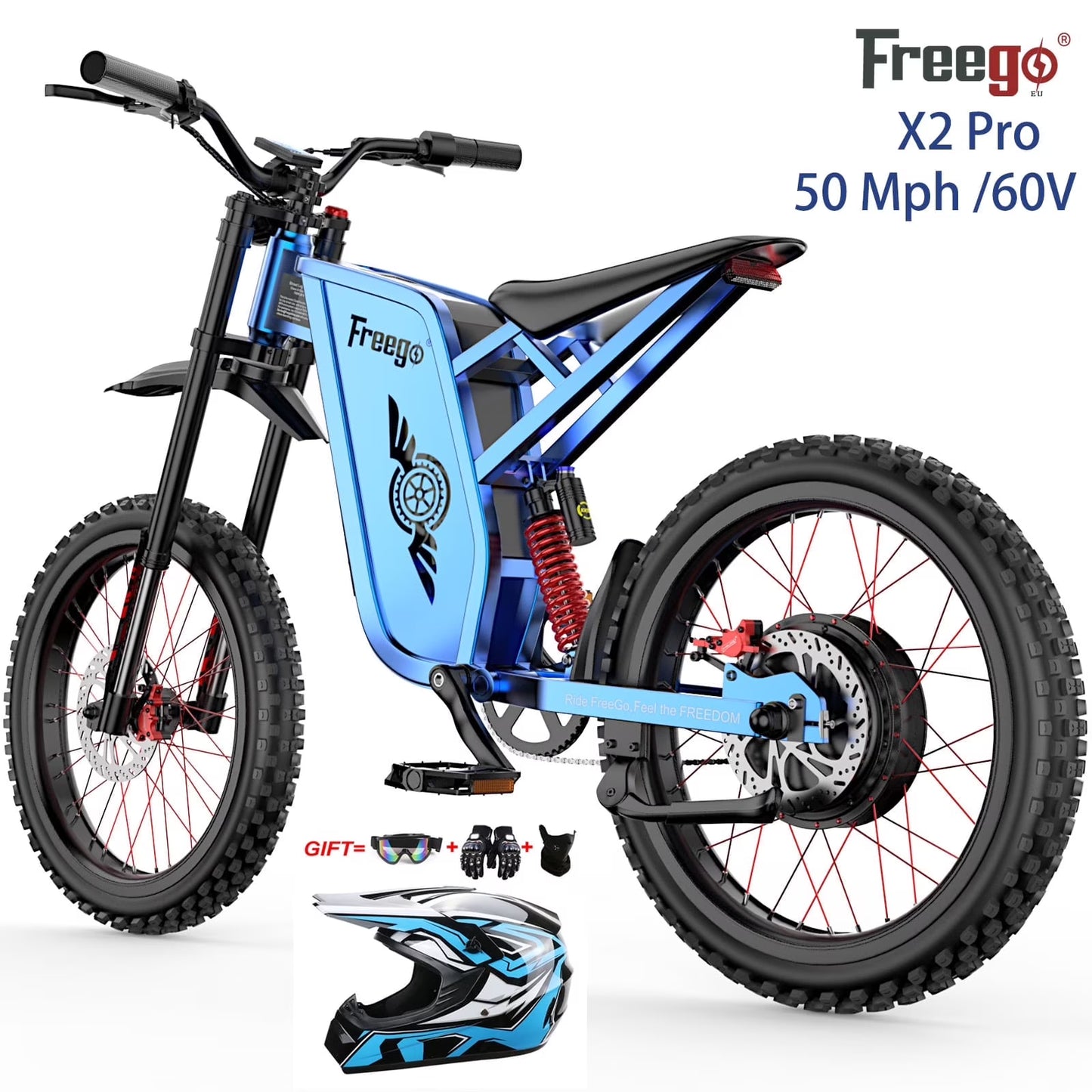 50MPH Electric Dirt Bicycle Freego X2 Pro,6000W(Peak)Motor Electric Motorcycle, Electric Bike for Adults, 60V30AH Battery, 19x2 Tire Full Suspension Hydraulic Brake Half Throttle UL2849(Blue 30AH)