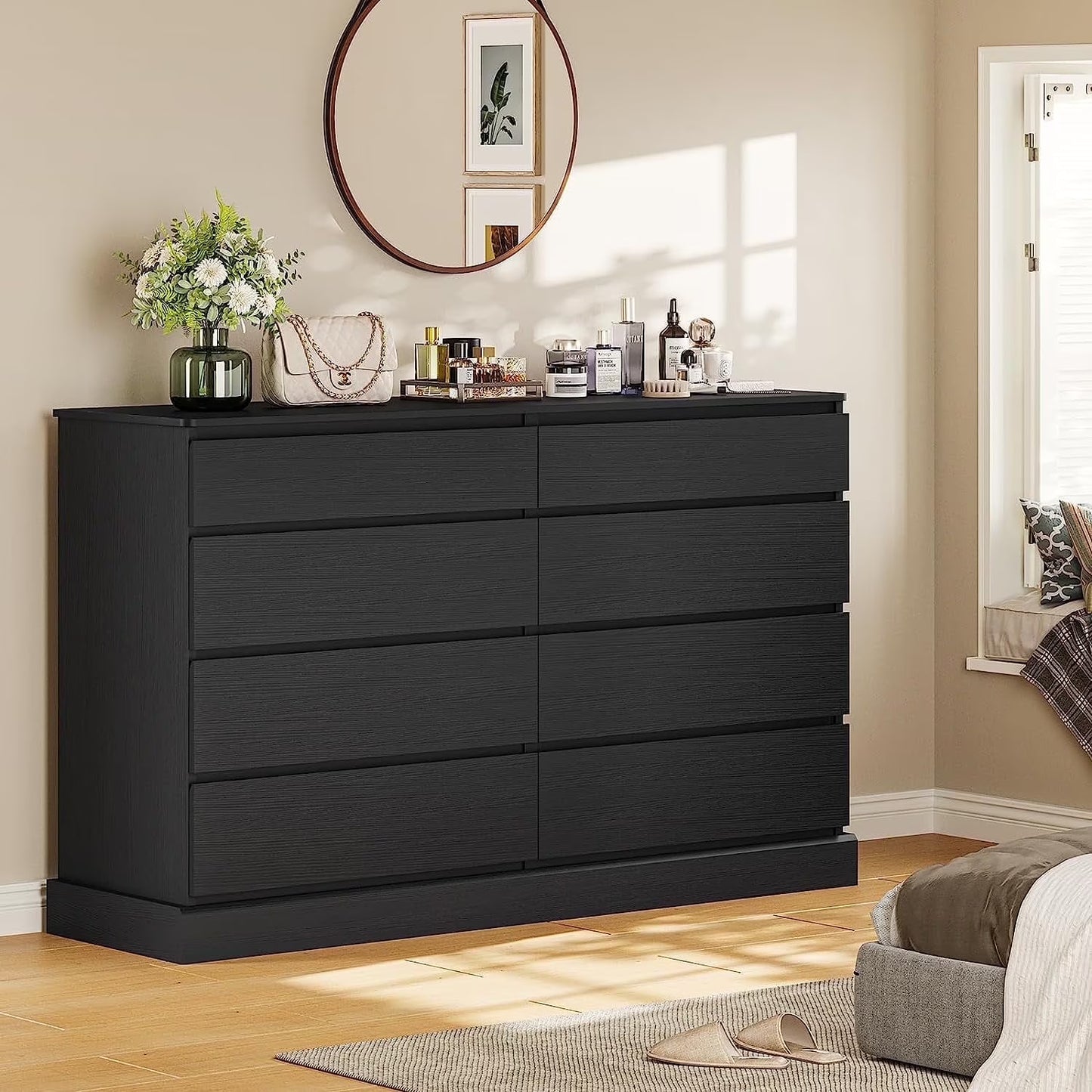 8 Drawers Double Dresser Wooden Black Chest of Drawers for Bedroom, Large Storage Cabinet for Home Living Room(Black)
