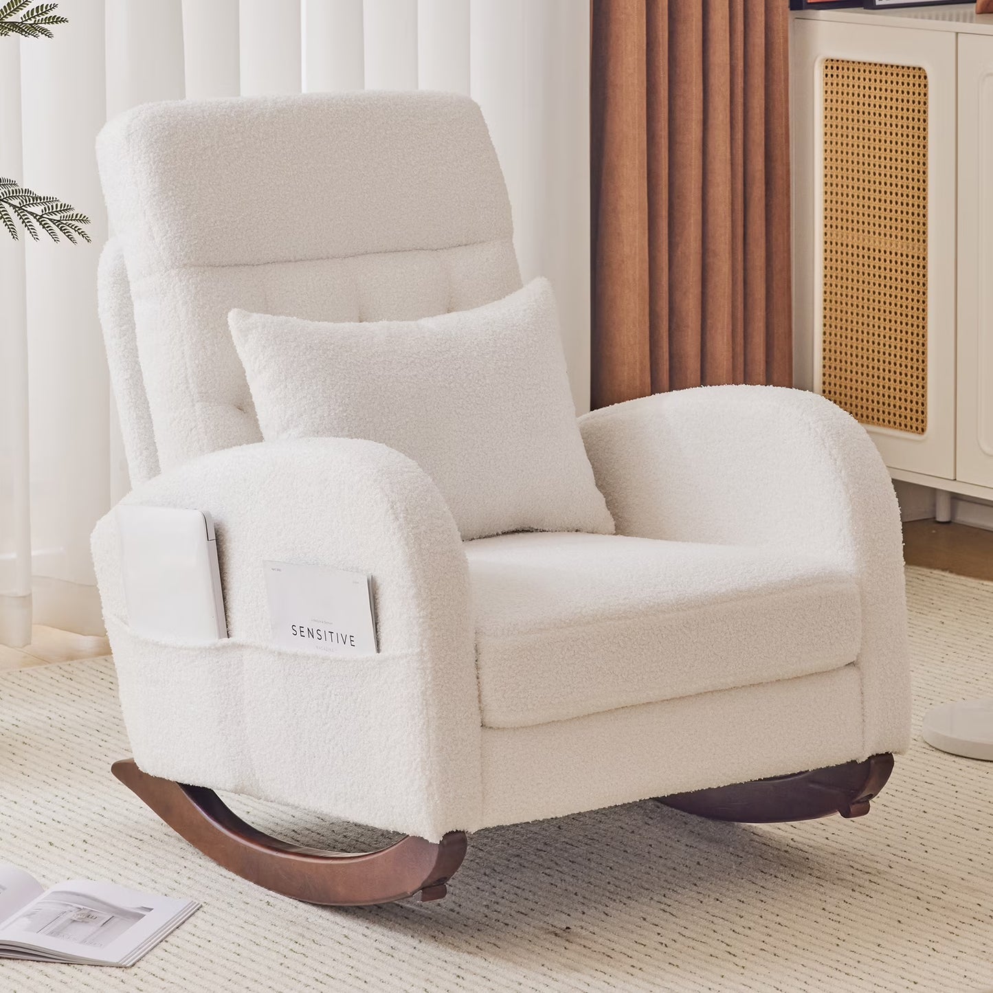 Ktaxon Rocking Accent Chair Glider Reading Chair Comfy Teddy Velvet Upholstered Single Sofa Rocker for Living Room, Nursery, Bedroom Beige(Beige-Teddy Velvet)