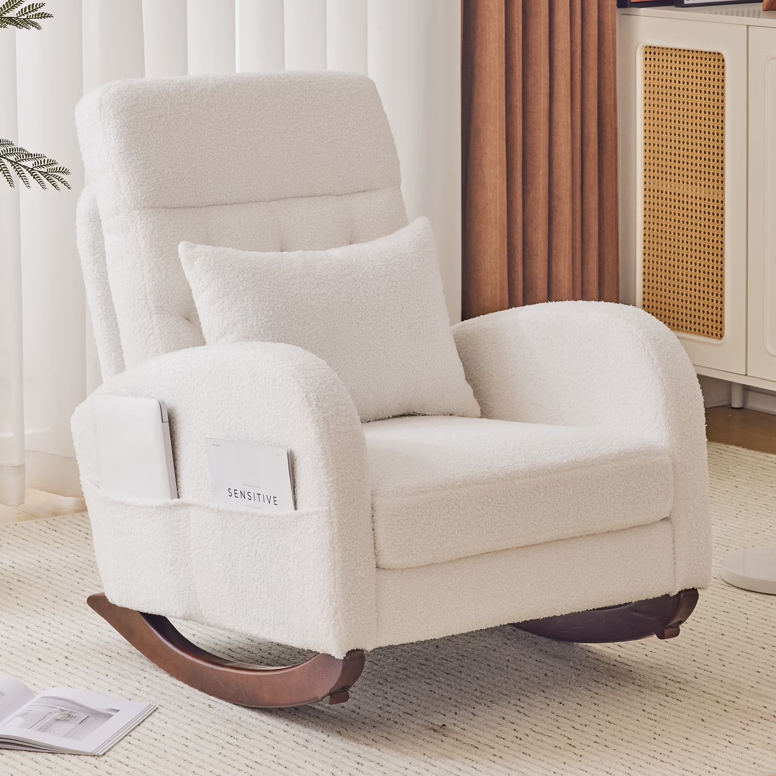 Ktaxon Rocking Accent Chair Glider Reading Chair Comfy Teddy Velvet Upholstered Single Sofa Rocker for Living Room, Nursery, Bedroom Beige(Beige-Teddy Velvet)