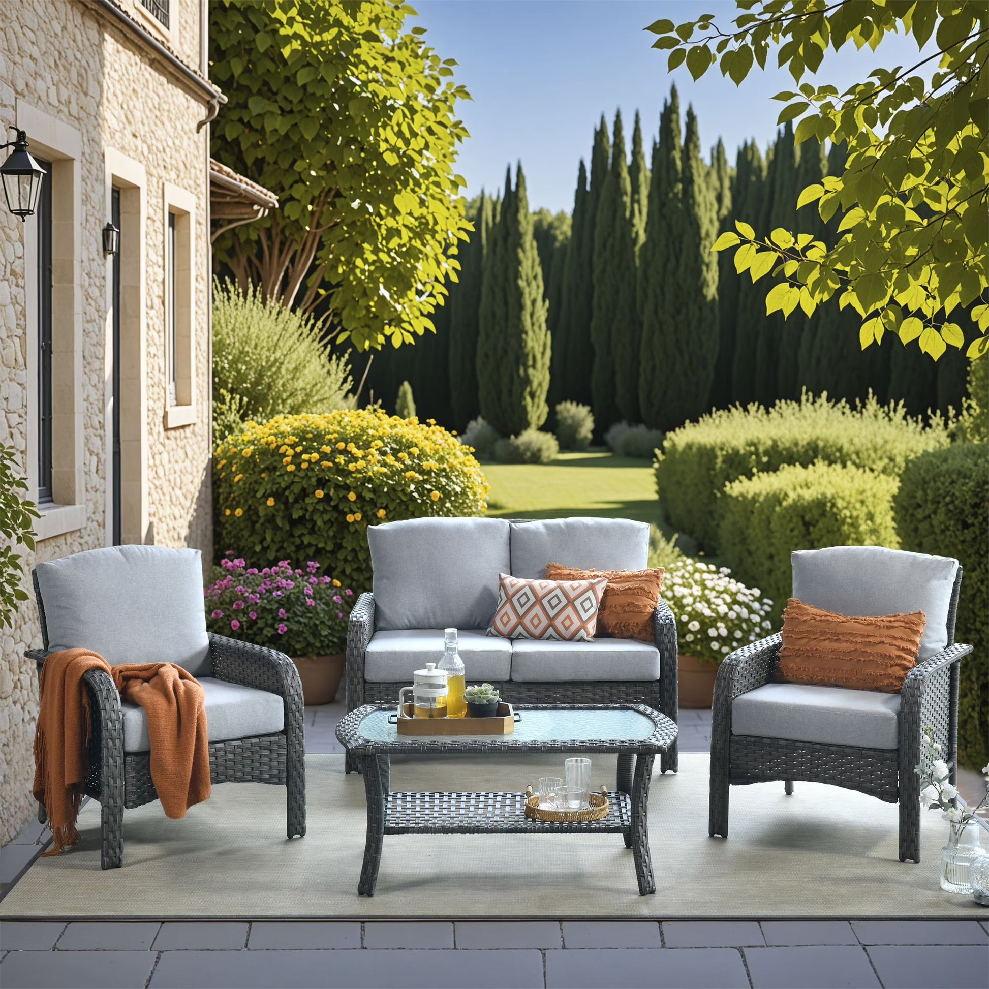 Vcatnet 4 Pieces Outdoor Patio Furniture All-weather Wicker Conversation Set with Coffee Table for Garden,Poolside,Gray(Gray)