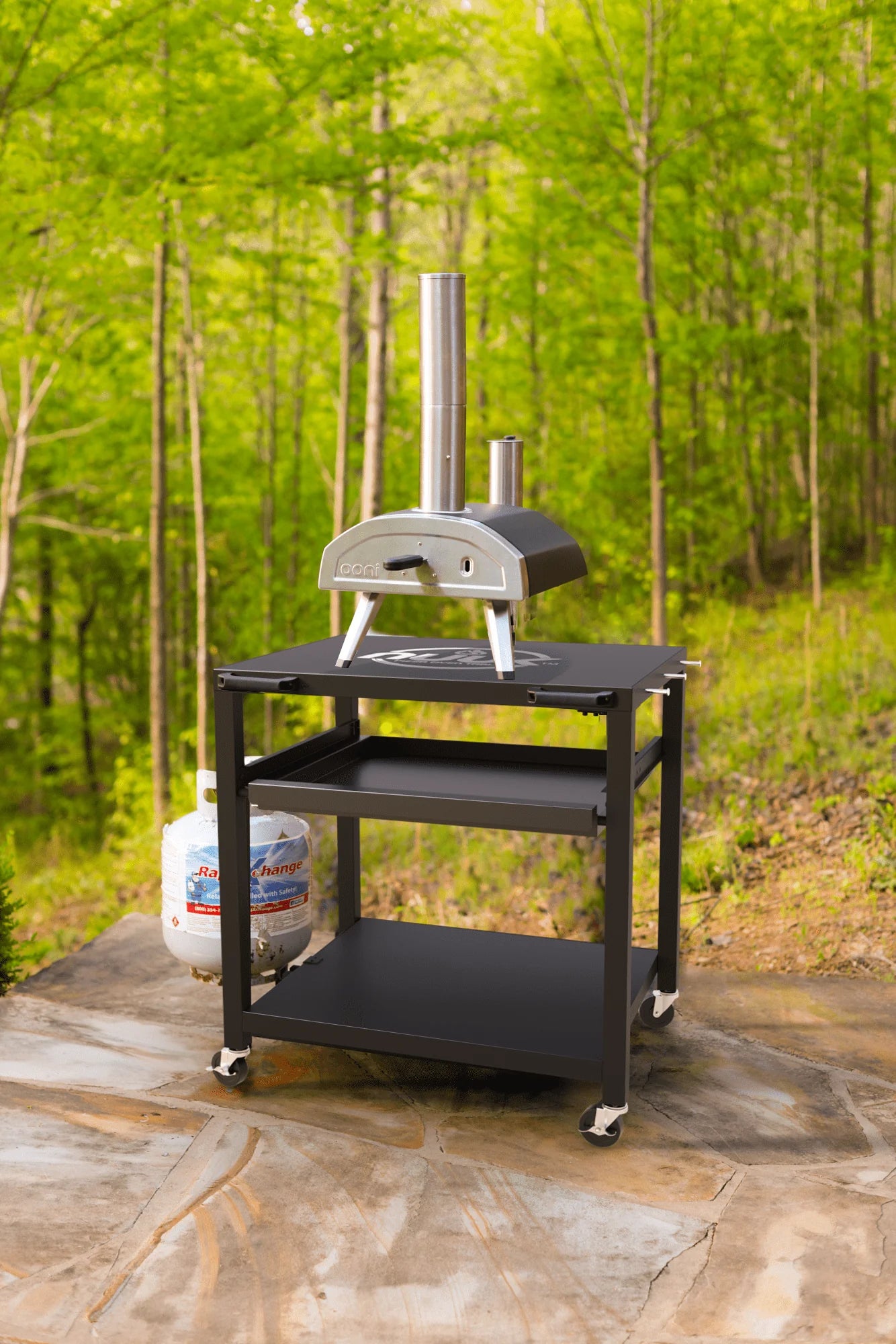 NUUK Three-Shelf Heavy Duty Rolling Outdoor Pizza Oven Table, 24" x 30" Steel Commercial Multifunctional Food Prep Worktable on Wheels