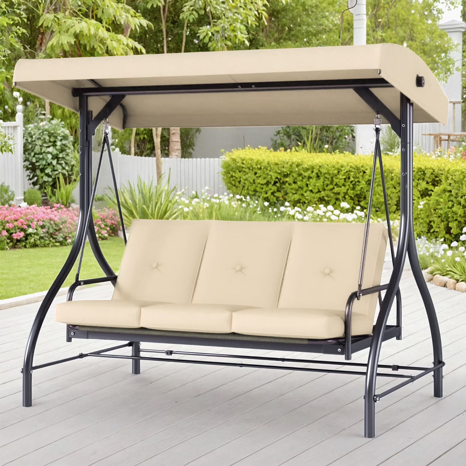 Arlopu 3 Person Porch Swing Outdoor Converting Canopy Swing Glider with Canopy(Beige)