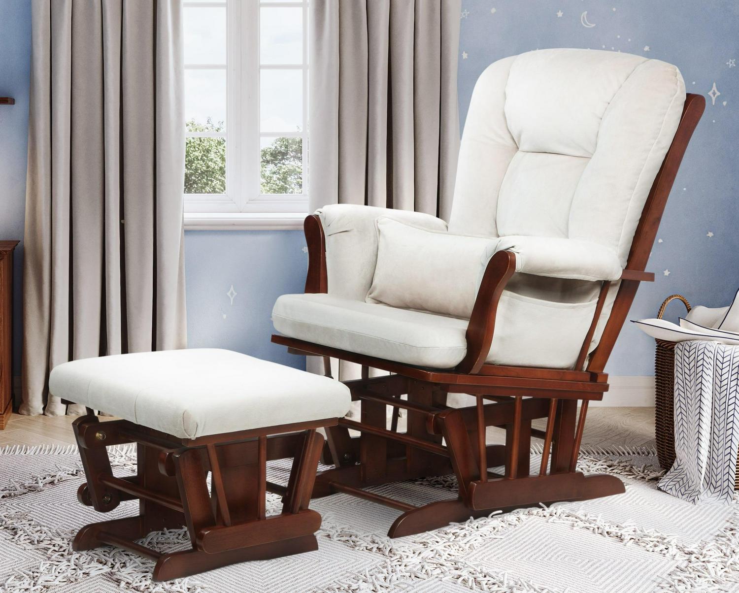 AFG Alice Glider and Ottoman with Pillow. Espresso Finish with Beige Cushions