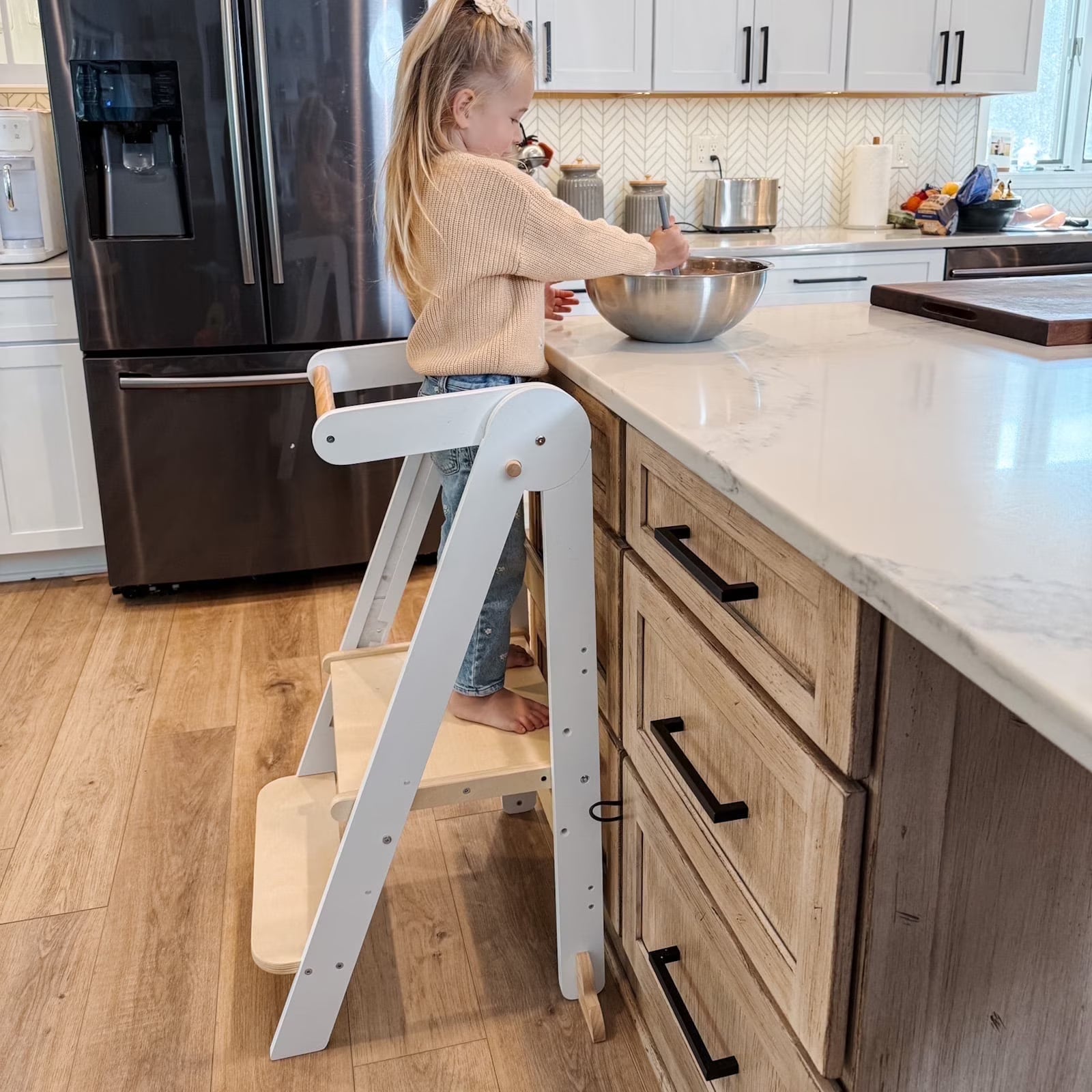 HARPPA Foldable Toddler Kitchen Tower, Standing Tower for Kids Age 1.5-6 Years, White(White)