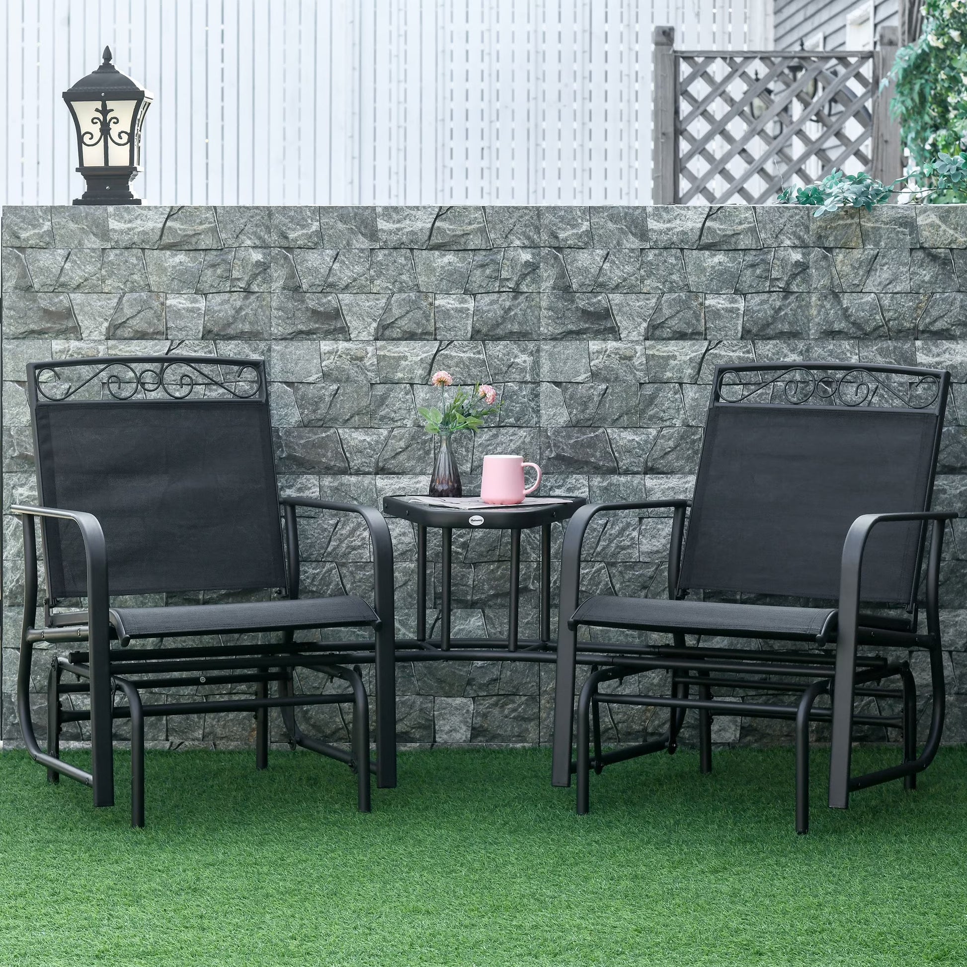 Outsunny Outdoor Glider Chairs with Coffee Table, Patio 2-Seat Rocking Chair Swing with Breathable Sling for Backyard, Garden and Porch, Black(Black)
