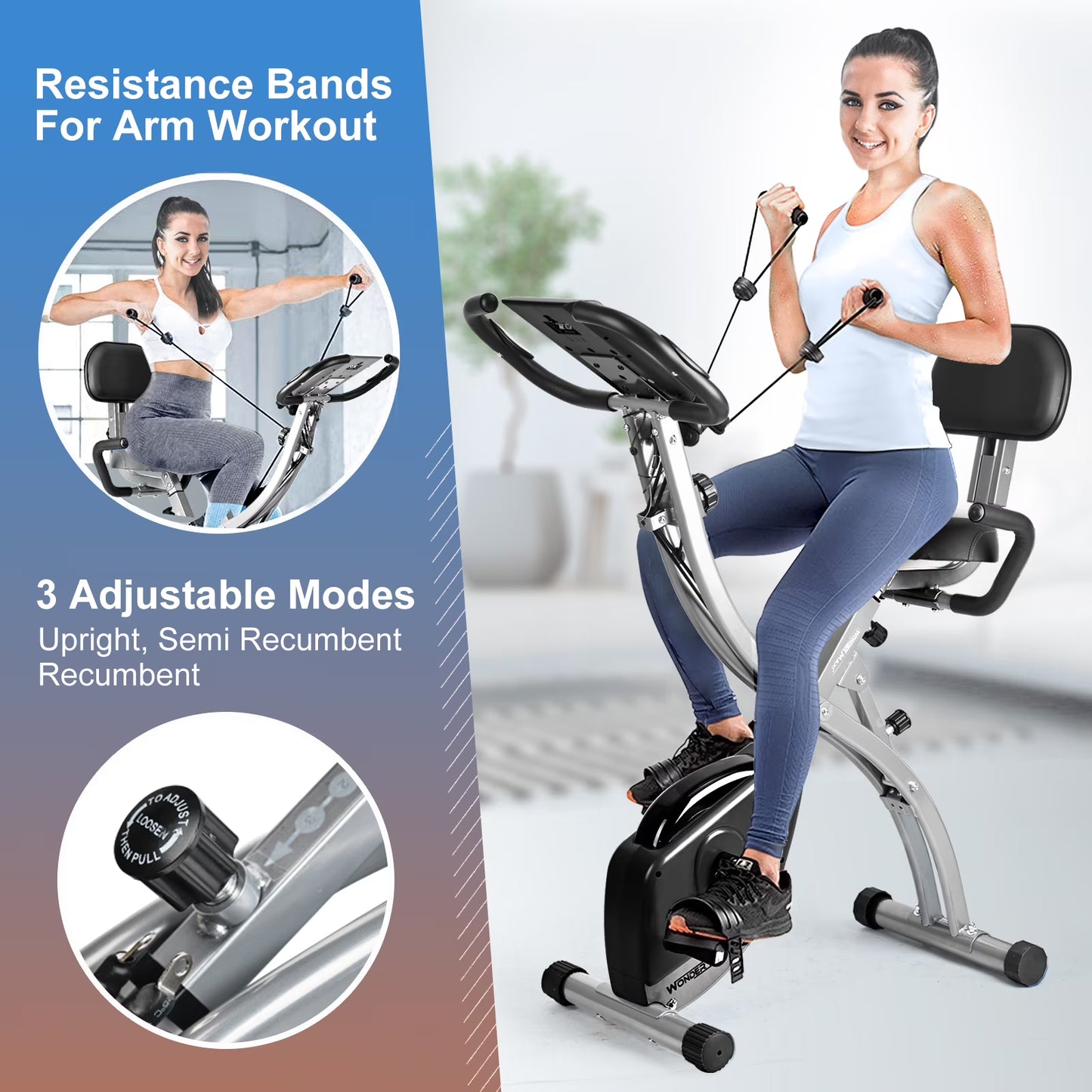 Wonder Maxi Foldable Exercise Bike for Home Magnetic Stationary Bike Indoor Cycling Upright Bicycle Indoor Cycle Recumbent Exercise Bike with Arm Resistance Bands