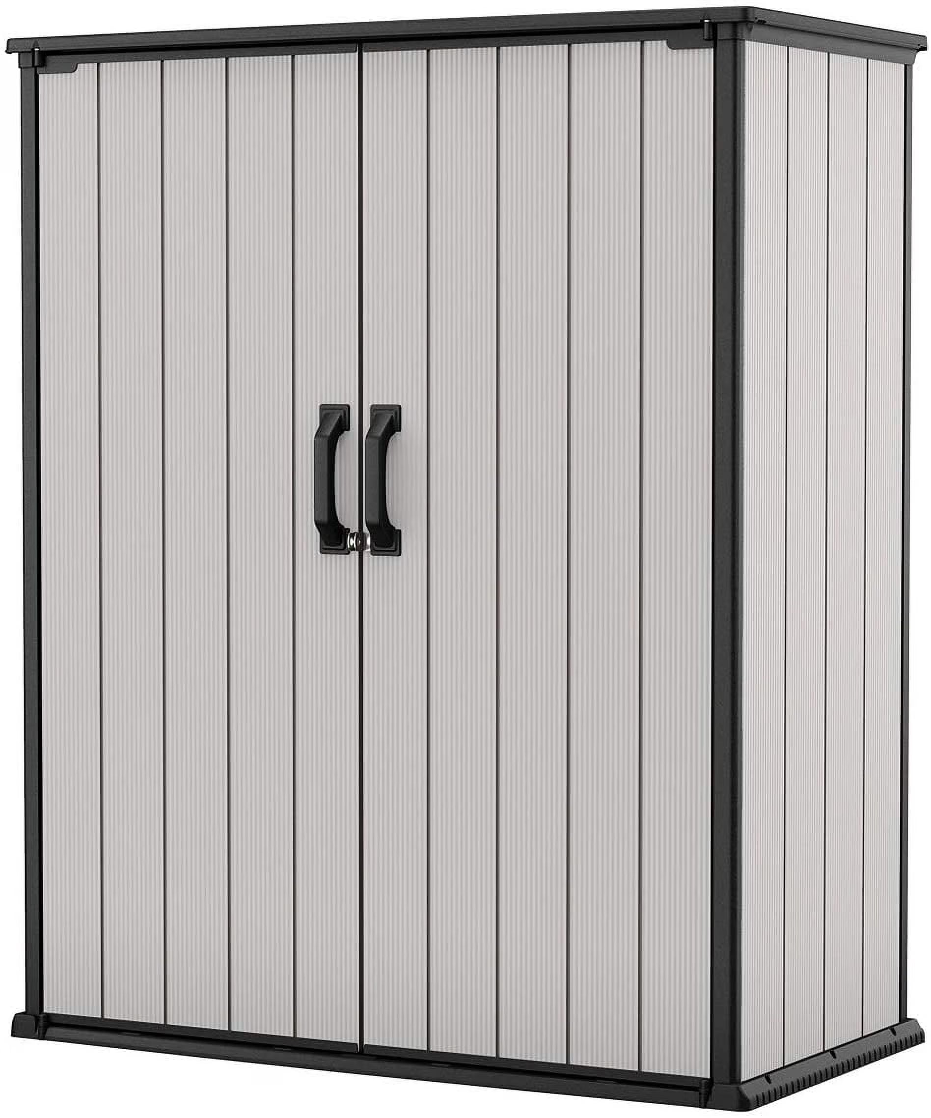 Keter Premier Tall Vertical Durable Resin Outdoor Storage Shed With Floor and Locking Double Doors, Grey(62. 05 cubic foot)