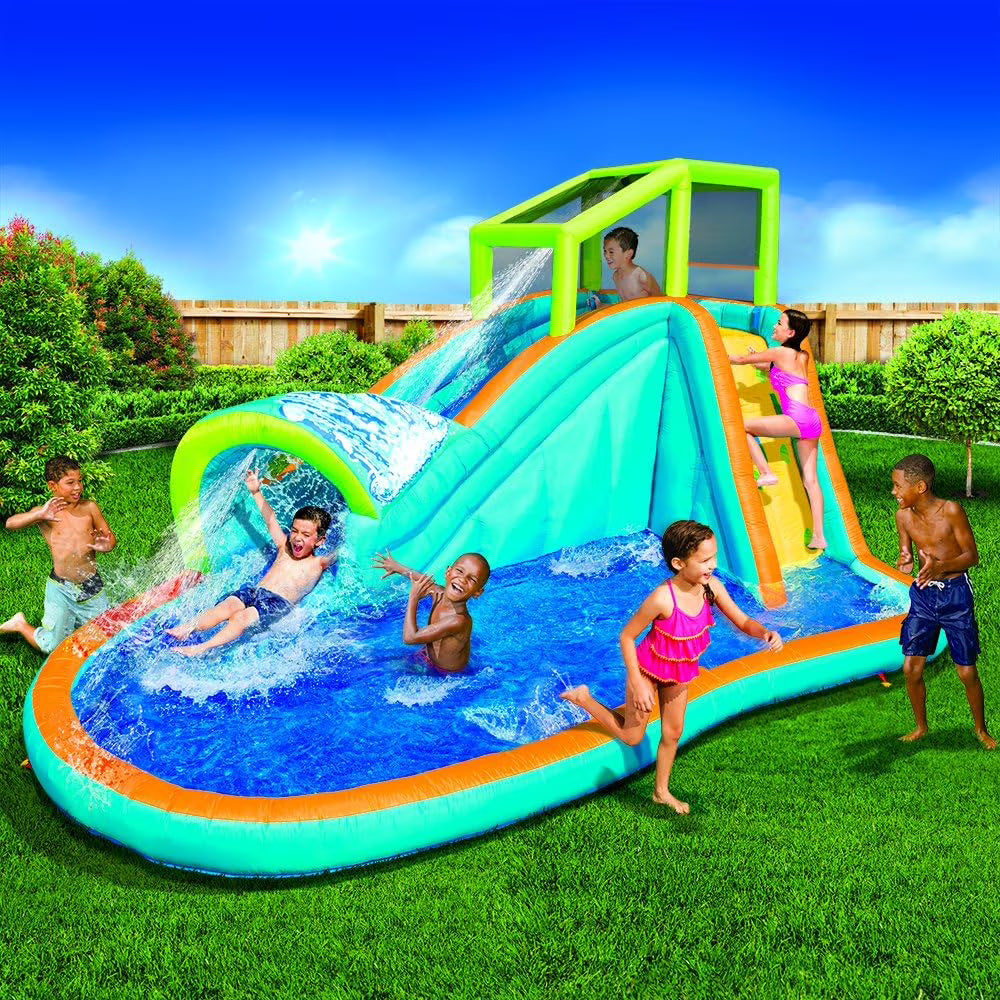 Banzai Inflatable Water Slide - Huge Kids Pool (14 Feet Long by 8 Feet High) with Built in Sprinkler Wave and Water Wall- Heavy Duty Summer Outdoor Fun