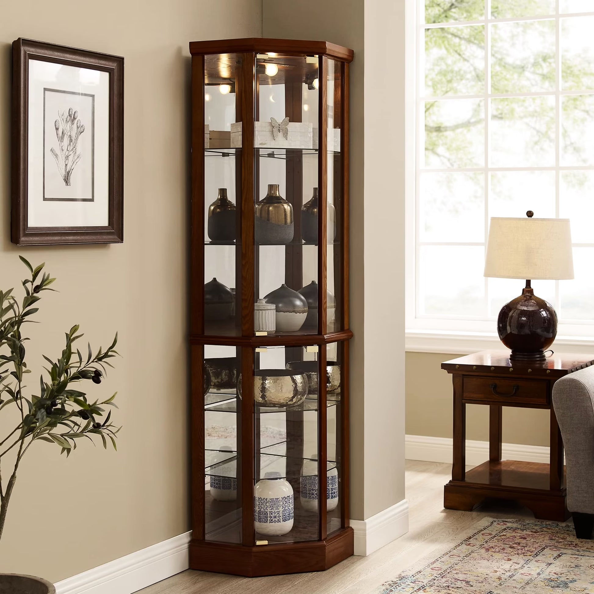 Walnut Cabinet With 6 Shelves, Adjustable Glass  Mirrored Back Design Shelf Lighted Corner Curio Shelves In(Walnut)