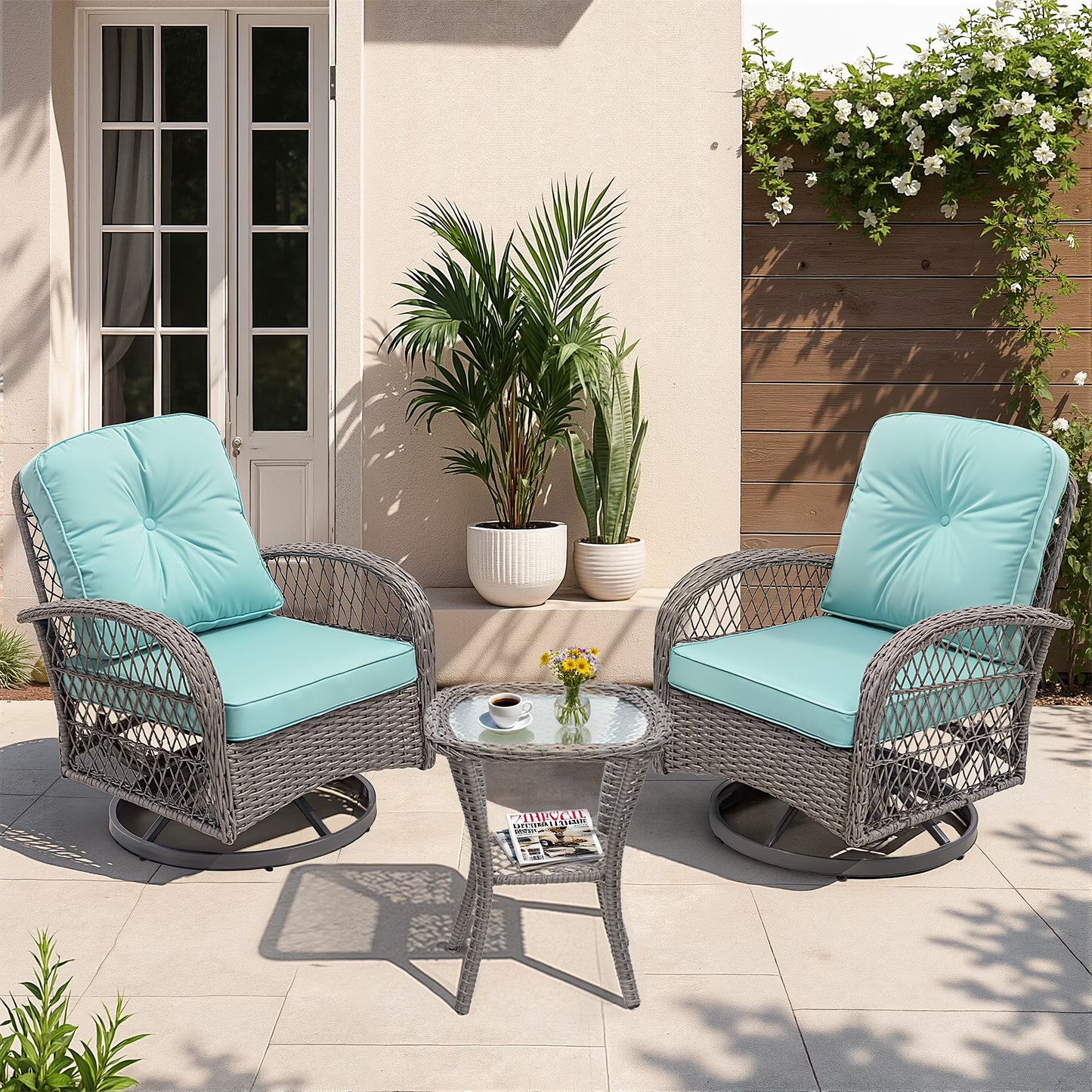 3 Piece Patio Swivel Rocker Chairs Set, 2 360-Degree Swivel Rocking Chairs with 1 Glass Top Table, PE Rattan Outdoor Bistro Set with Cushions for Balcony Deck Poolside Backyard Porch(Gray Rattan,Blue Cushion)