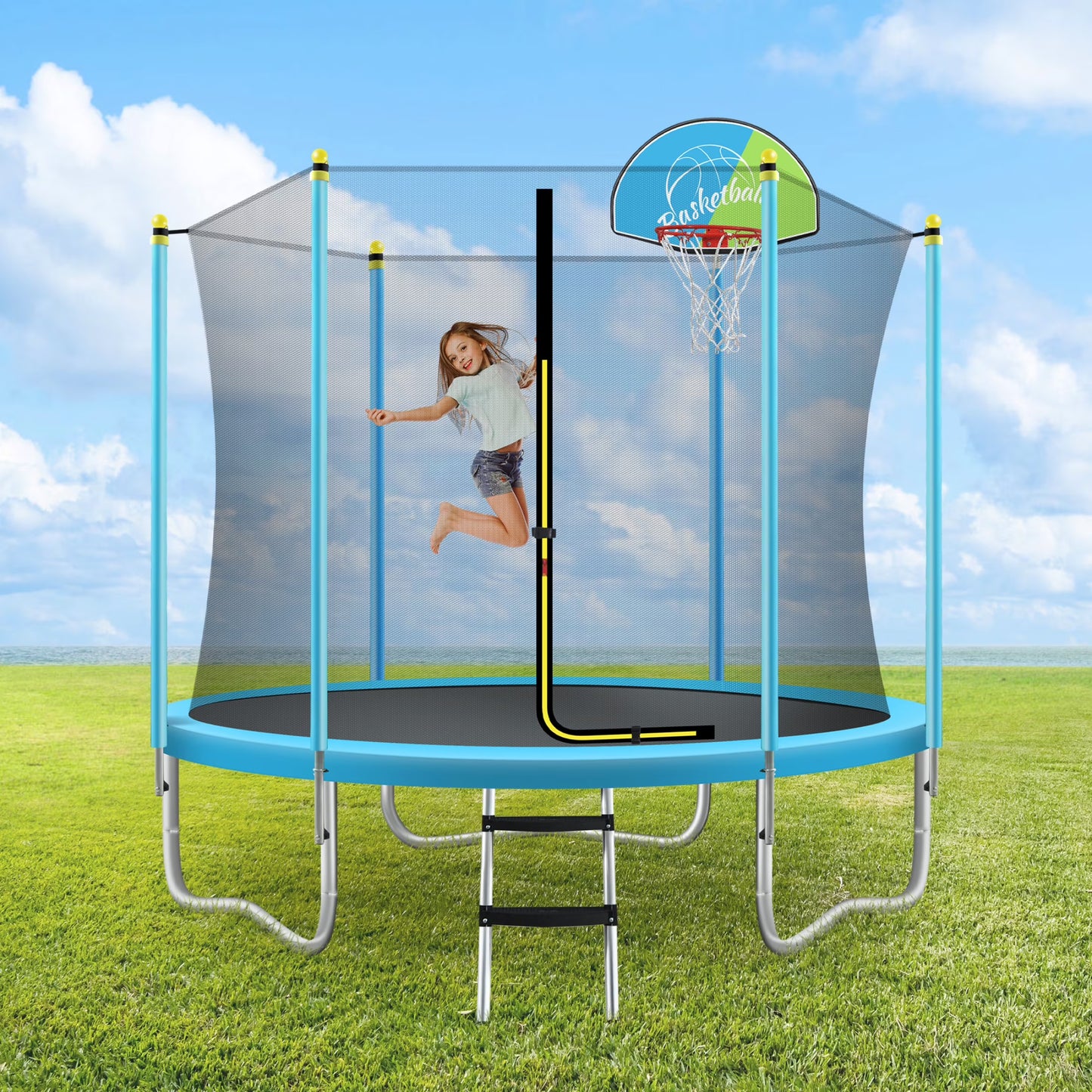 Noble House 8FT Outdoor Trampoline for Kids with Safety Enclosure Net, Basketball Hoop  Ladder, Blue(Blue)