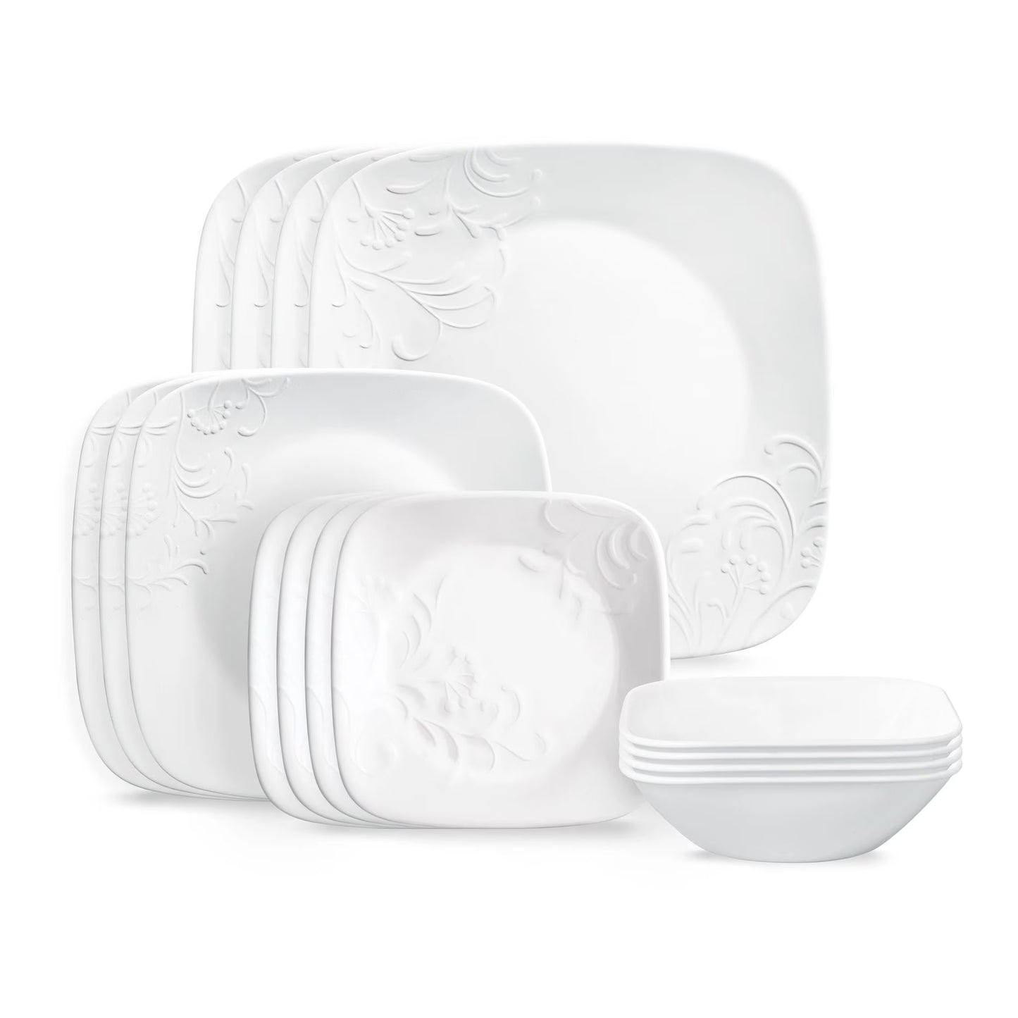 Corelle Cherish 16-Piece Embossed Square Glass Dinnerware Set (Service for 4)