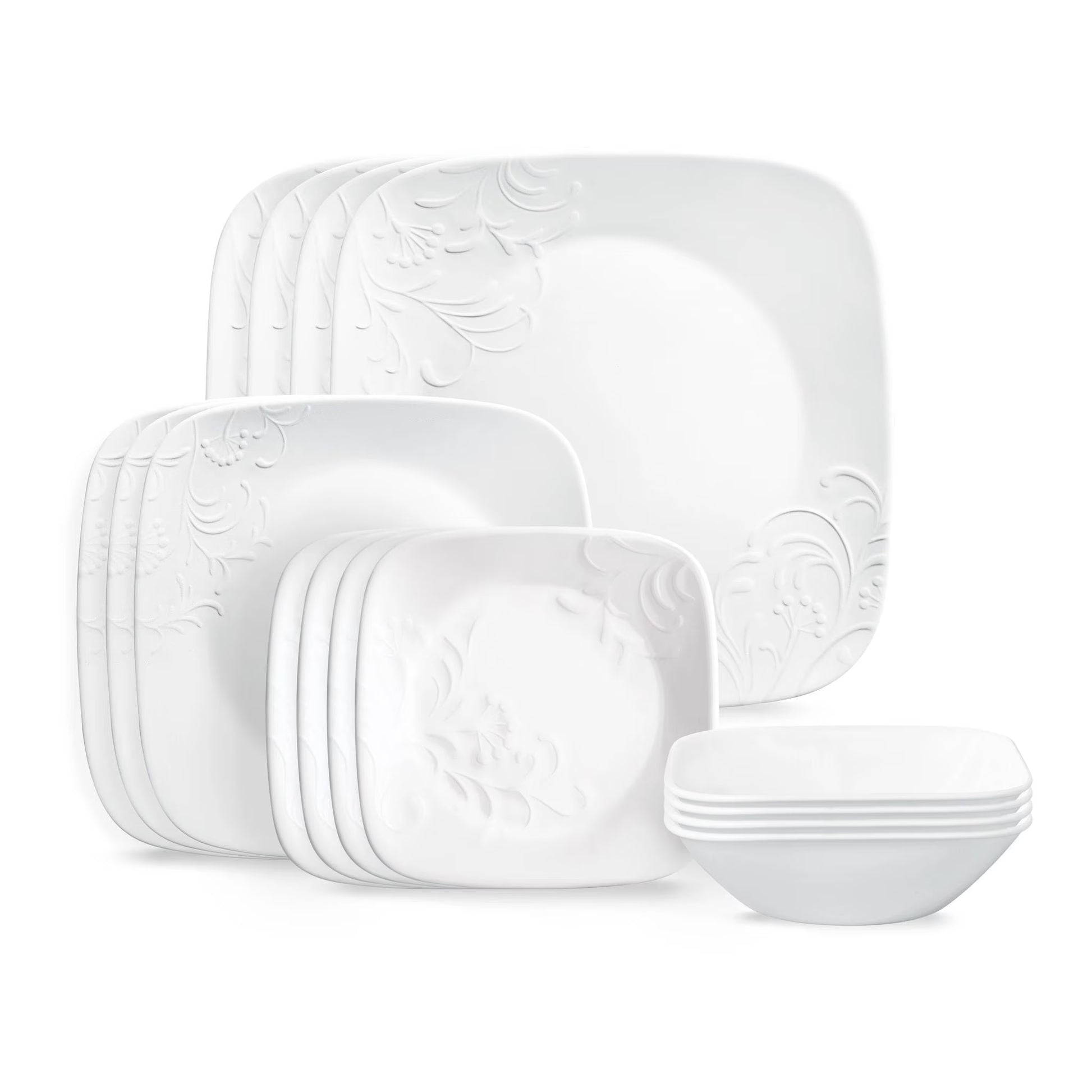Corelle Cherish 16-Piece Embossed Square Glass Dinnerware Set (Service for 4)