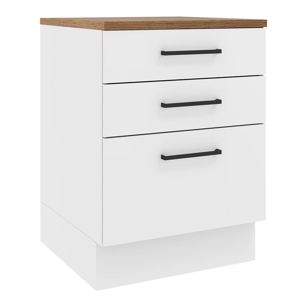 Madesa Hazel Kitchen Storage Base Cabinet with 3 Drawers 23 Inch Wide Engineered Wood Painted Finish Floor Mount Removable Plinth - White