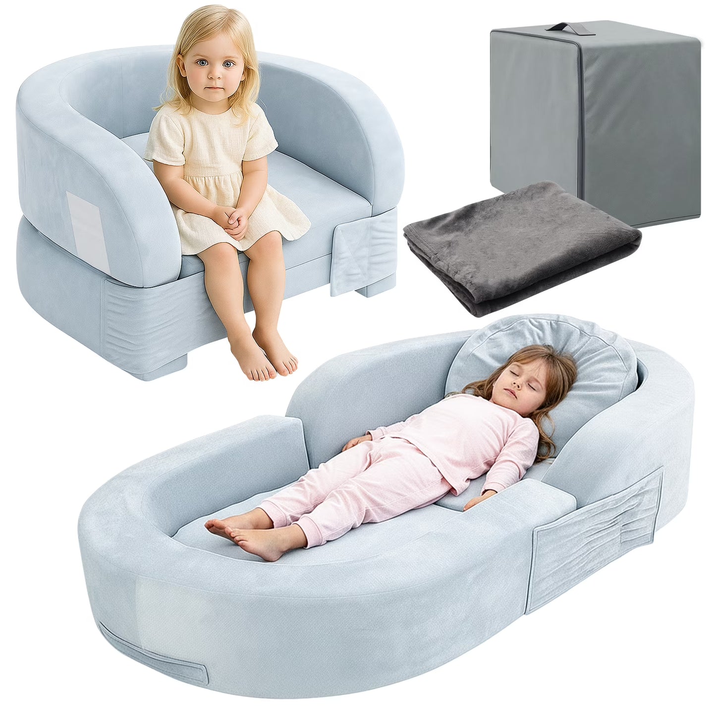 Coumy Toddler Travel Bed 2-in-1 Kids Sofa Chair with Removable Cover, Soft Foam Portable Foldable Toddler Bed for Travel with Carrying Bag, Blue(Blue)