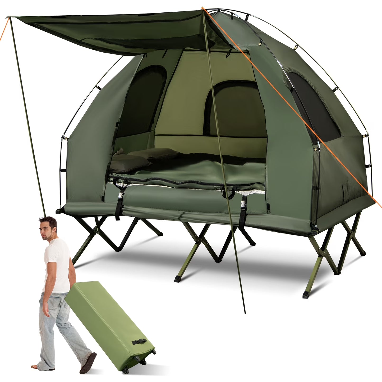 Patiojoy Folding 2-Person Camping Tent Cot Portable Pop-Up Tent with Sleeping BagAir Mattress for Outdoor Activity