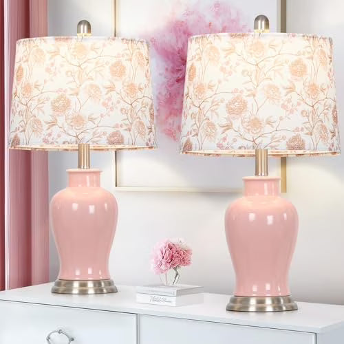 Modern Ceramic Table Lamps Set of 2, 23" White Ceramic Lamps for Living Room, Rustic Farmhouse Bedside Lamp with Ginger Jar Design, Elegant Bedroom Lamp for Nightstand Desk Side End Table Home Decor(Pink-Flower Lampshade)