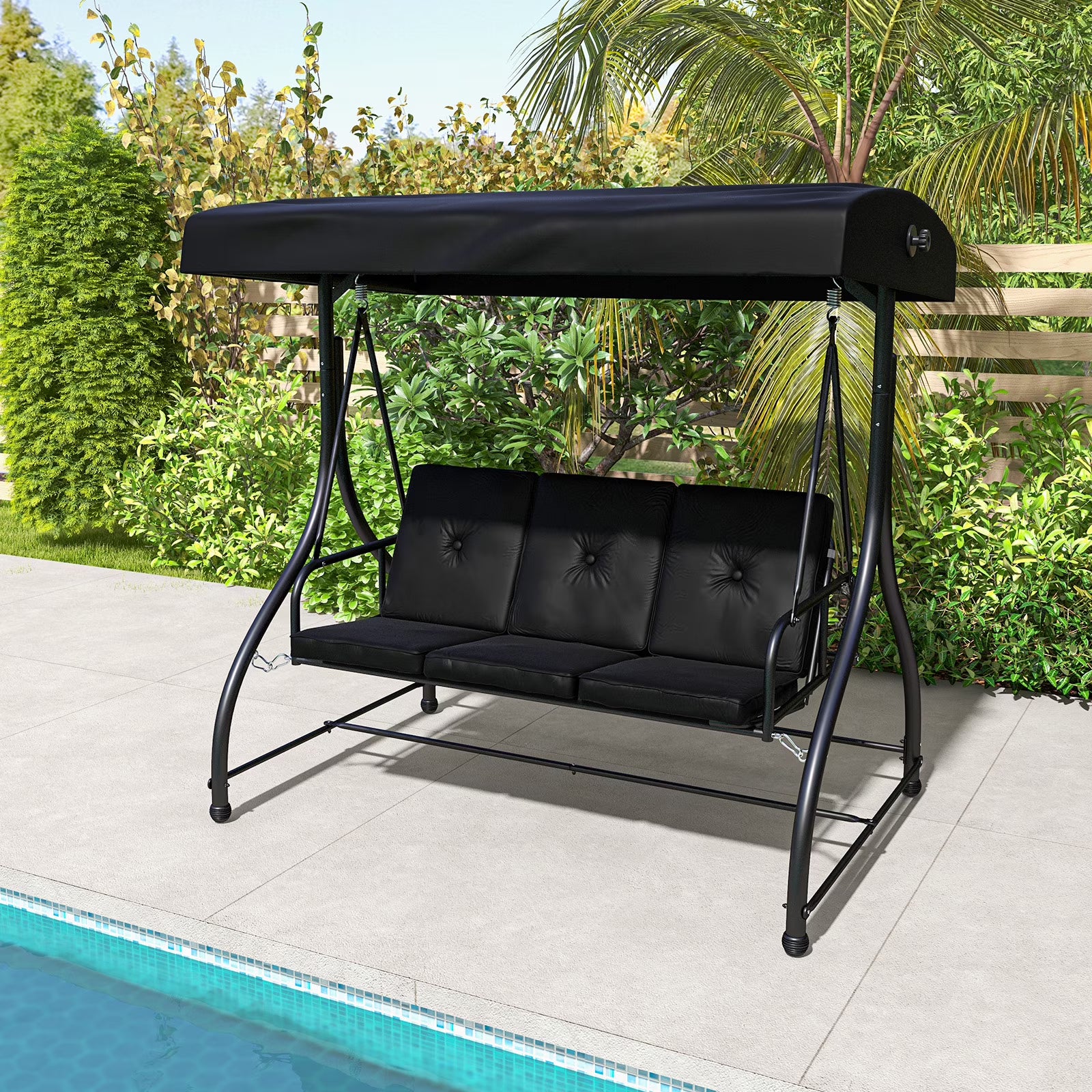 Costway 3-Seat Outdoor Converting Patio Swing Glider Adjustable Canopy Porch Swing Black(Black)