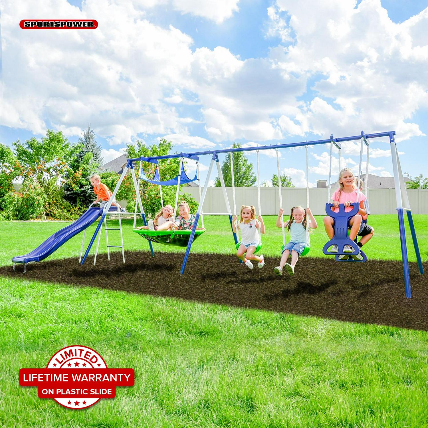 Sportspower Outdoor Rosemead Metal Swing Set with Roman Glider. Saucer. 6.5#8242; Slide with Lifetime Warranty. and Bonus Anchor Kit. Great for Kids Aged 3-8
