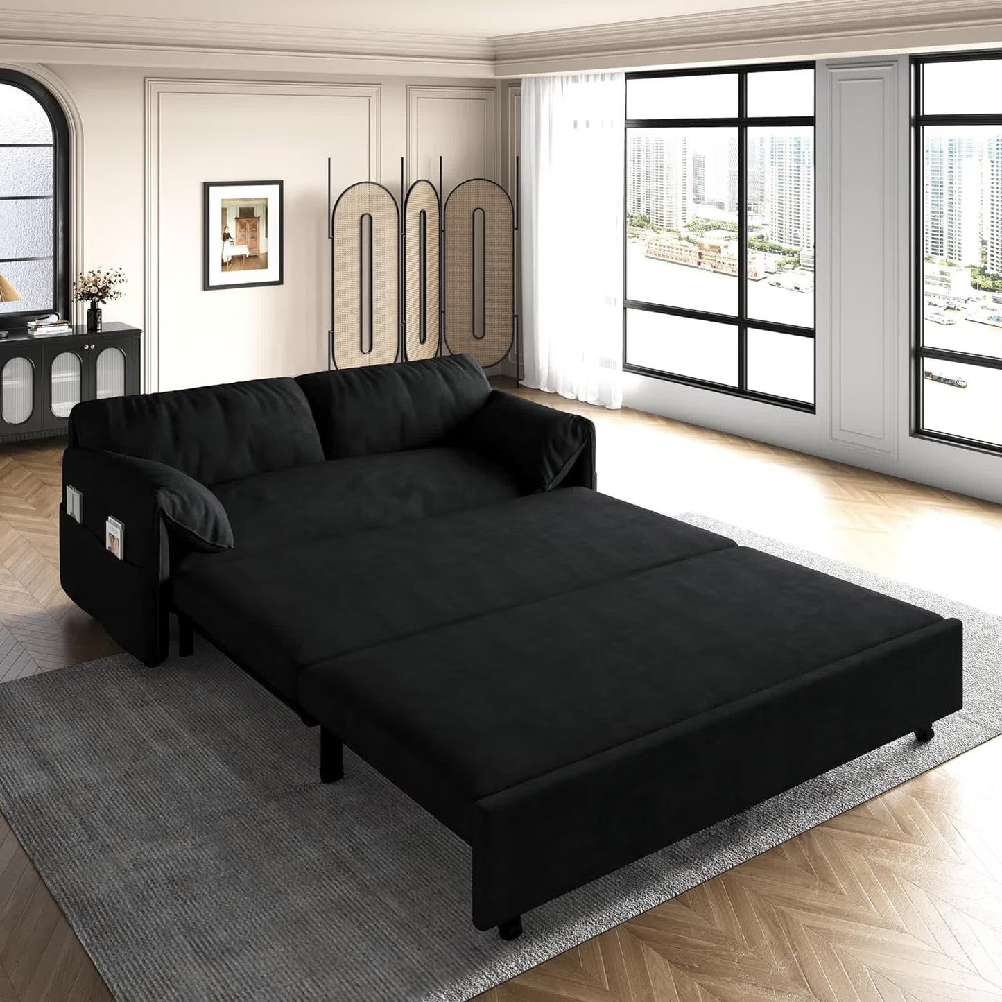 Tabaray 63.8" Futon Sofa Bed Queen Size, Pull Out Bed, 3-in-1 Convertible Sleeper Sofa with Side Pocket, Modern Plush Velvet Futon Couch for Living Room, Small Space, Apartment, Bedroom, Black(63.8'' Black/63.8 in)