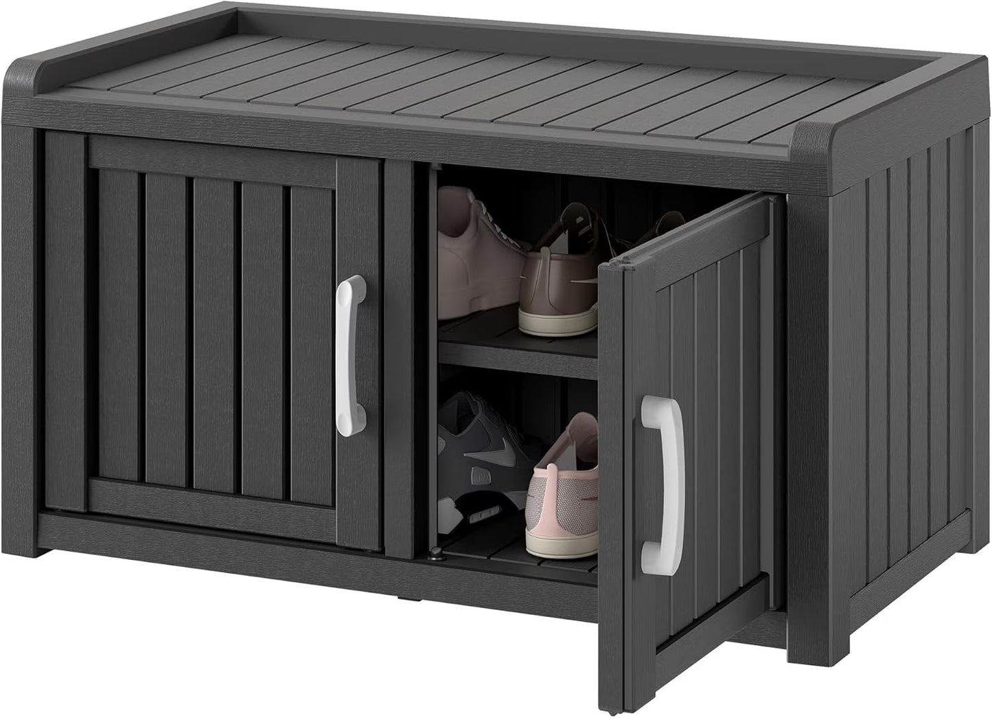 KAMABOKO Outdoor Shoe Storage Cabinet, Waterproof UV-Resistant Entryway Storage Bench Indoor Outdoor with 2 Barn Doors, Adjustable Shelves for Entryway, Bedroom, Hallway,Living Room(Black)(Double Door/Black)