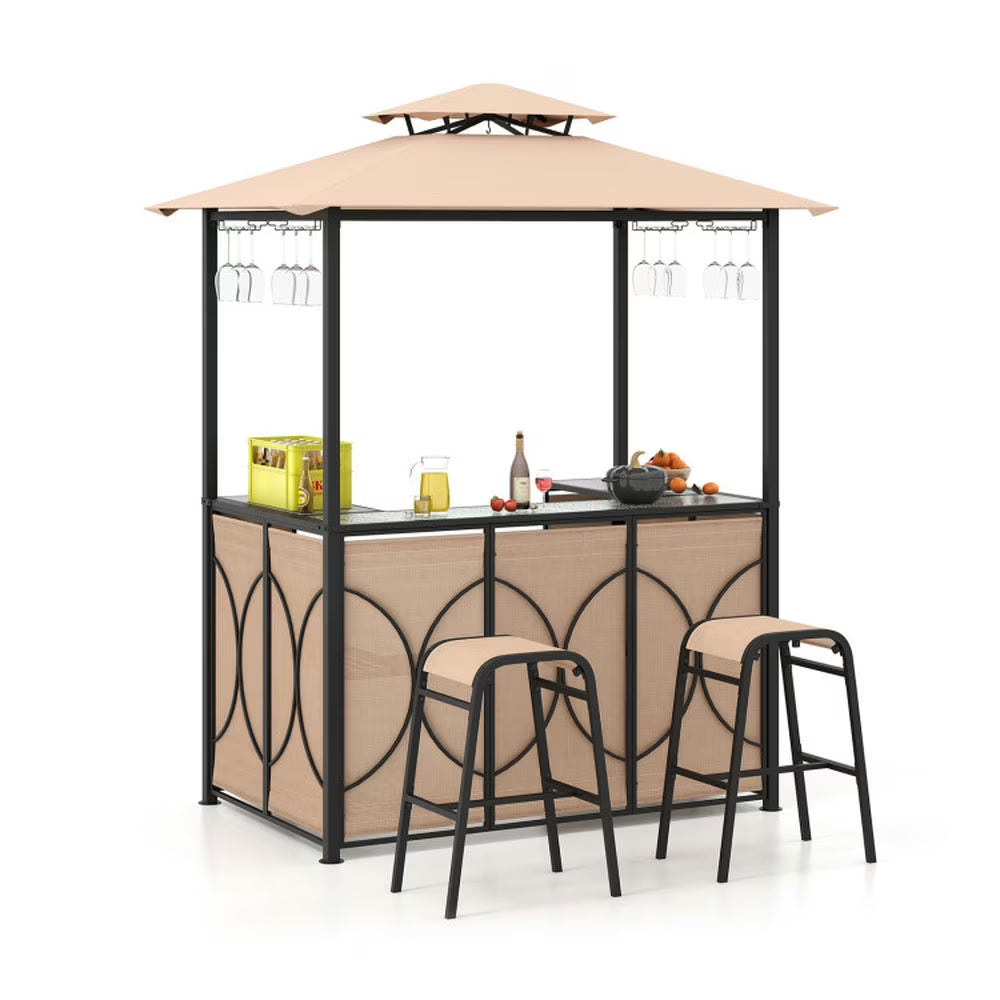 Spaco 3-Piece Patio Bar Set with A Heat-Resistant Tempered Glass Top, Grill Gazebo  2 Bar Stools with Tempered Glass Bar Table, Bar Set for Outdoor, Brown(Brown)