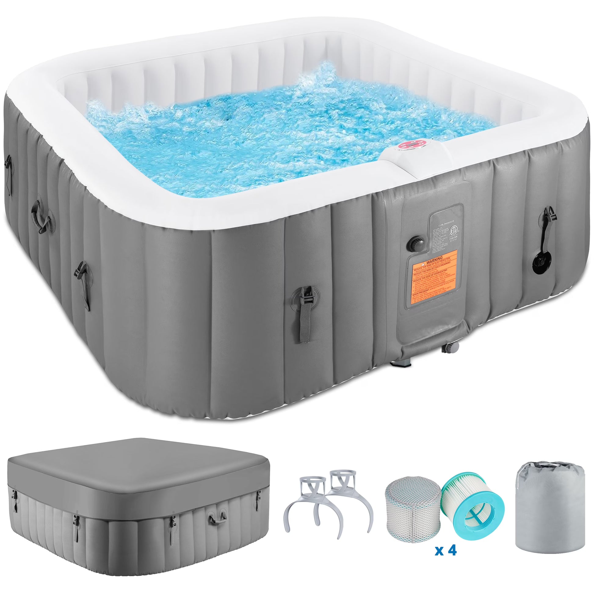 73 inch 4-6 Person Inflatable Hot Tub Spa with Control Panel, Outdoor Portable Hottub with 130 Jets, Insulated Tub Cover and Floor Protector, Temperature up to 104��F, Gray(Gray)