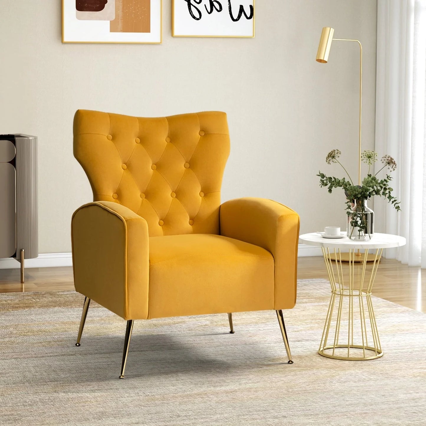 14 Karat Home Fall Home Decor Velvet Accent Chair Button Tufted Metal Legs Adult Living Room Mustard(1/Black)